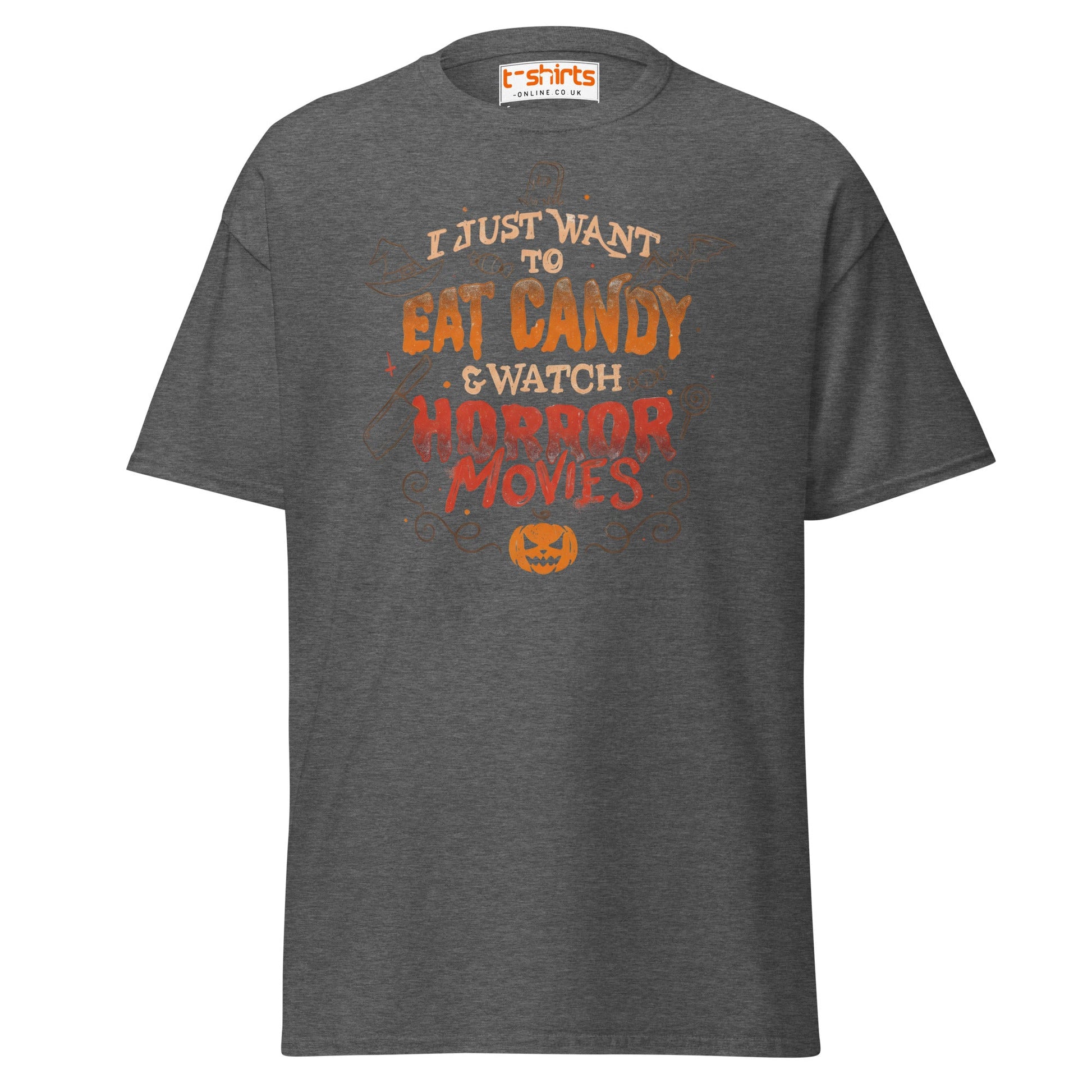 Eat Candy & Watch Horror Movies T-Shirt - Dark Heather - T-Shirts Online