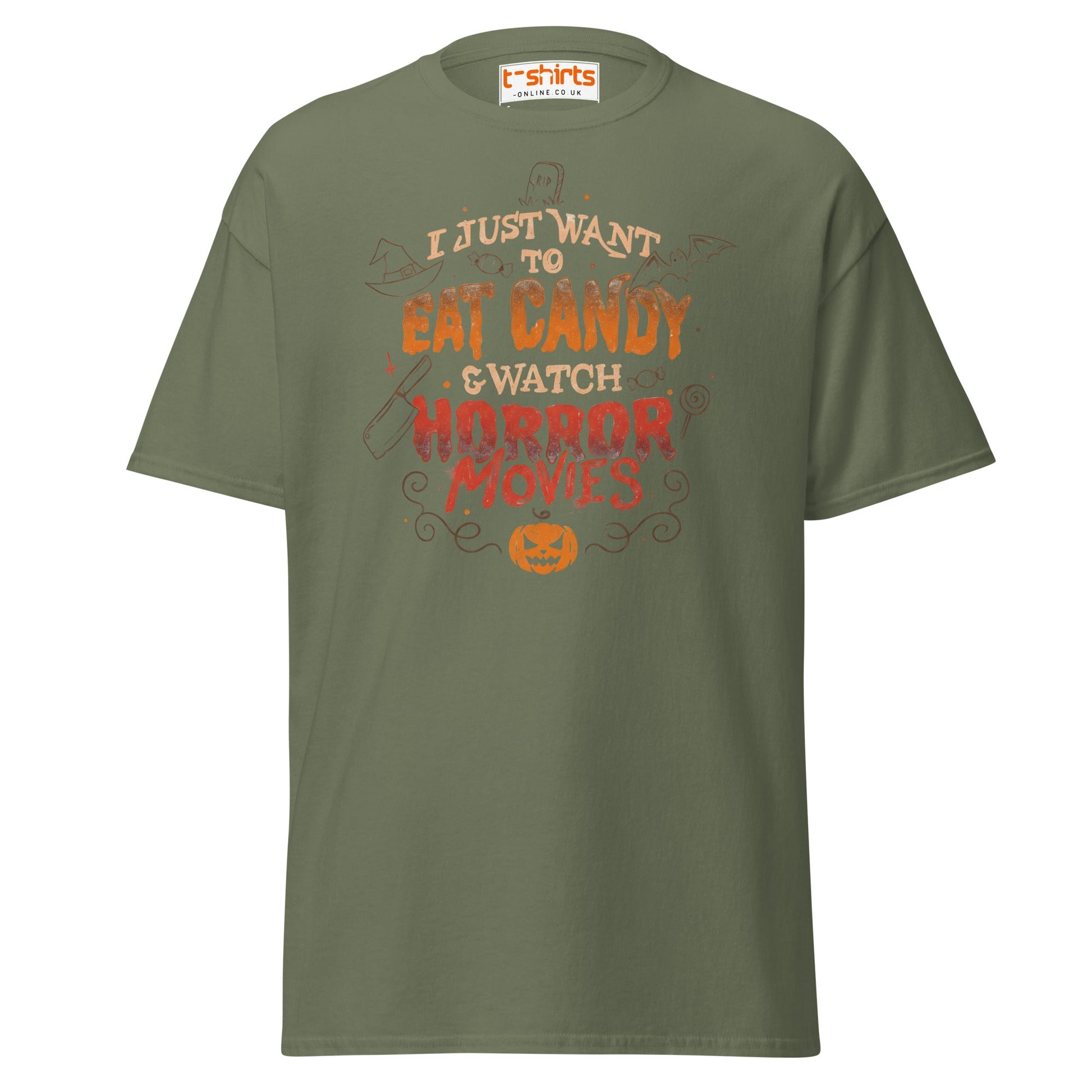 Eat Candy & Watch Horror Movies T-Shirt - Military Green - T-Shirts Online