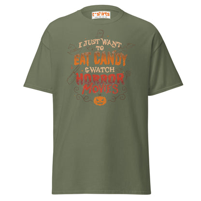 Eat Candy & Watch Horror Movies T-Shirt - Military Green - T-Shirts Online