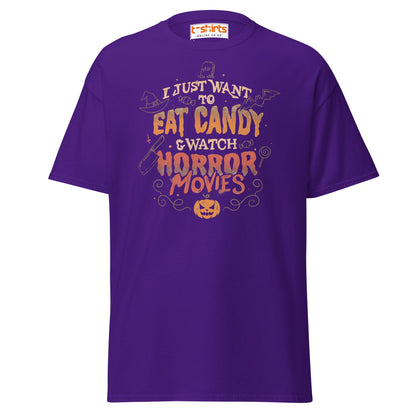 Eat Candy & Watch Horror Movies T-Shirt - Purple - T-Shirts Online