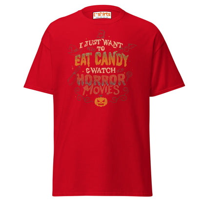Eat Candy & Watch Horror Movies T-Shirt - Red - T-Shirts Online