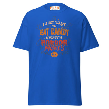 Eat Candy & Watch Horror Movies T-Shirt - Royal - T-Shirts Online