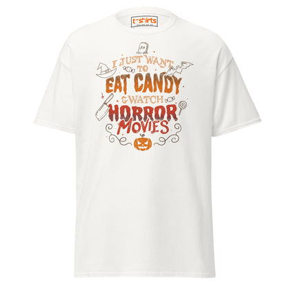 Eat Candy & Watch Horror Movies T-Shirt - White - T-Shirts Online