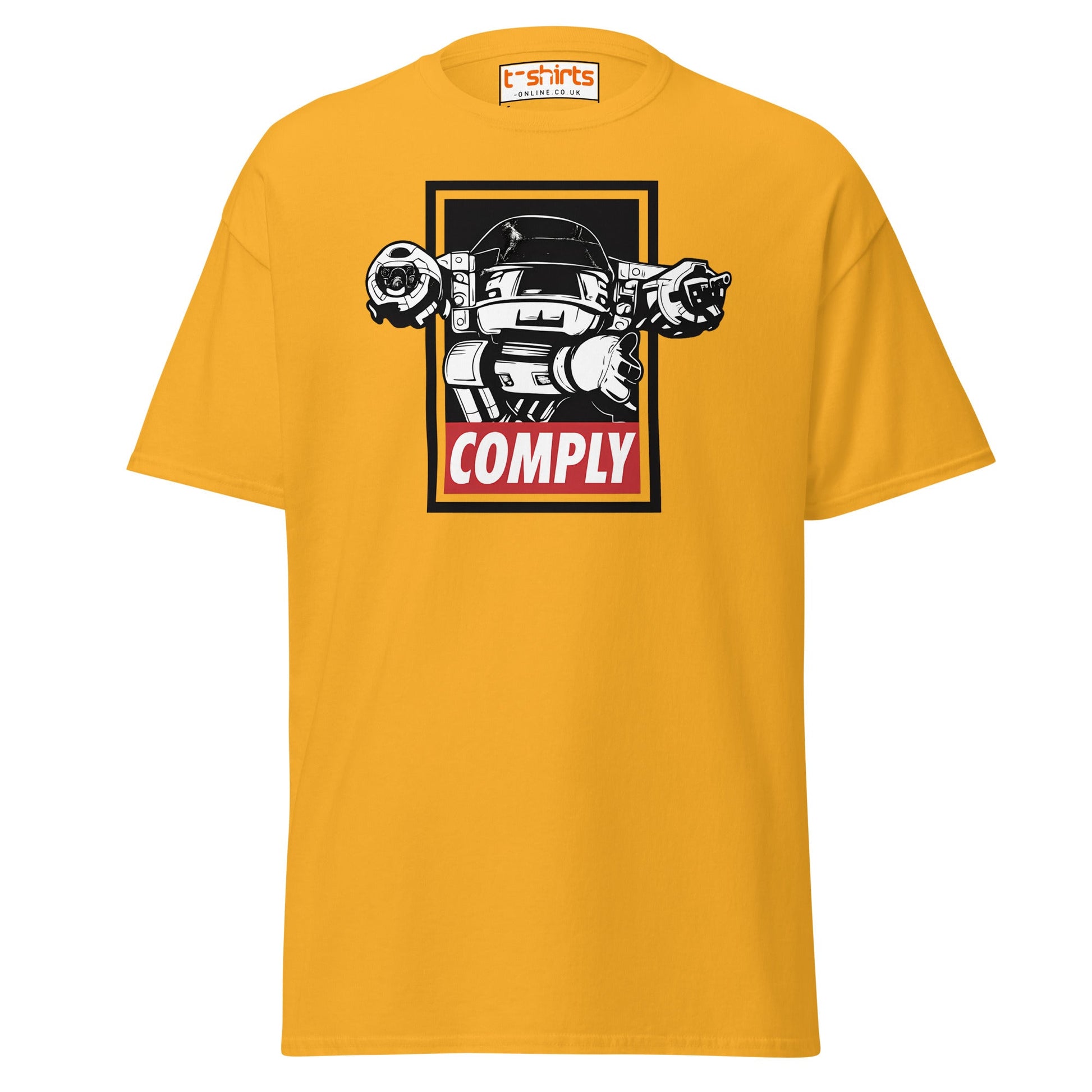 ED - 209 Comply T-Shirt – Retro RoboCop Mech Tee - Gold - T-Shirts Online