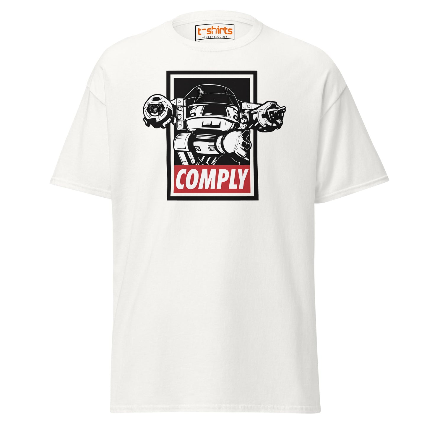 ED - 209 Comply T-Shirt – Retro RoboCop Mech Tee - White - T-Shirts Online