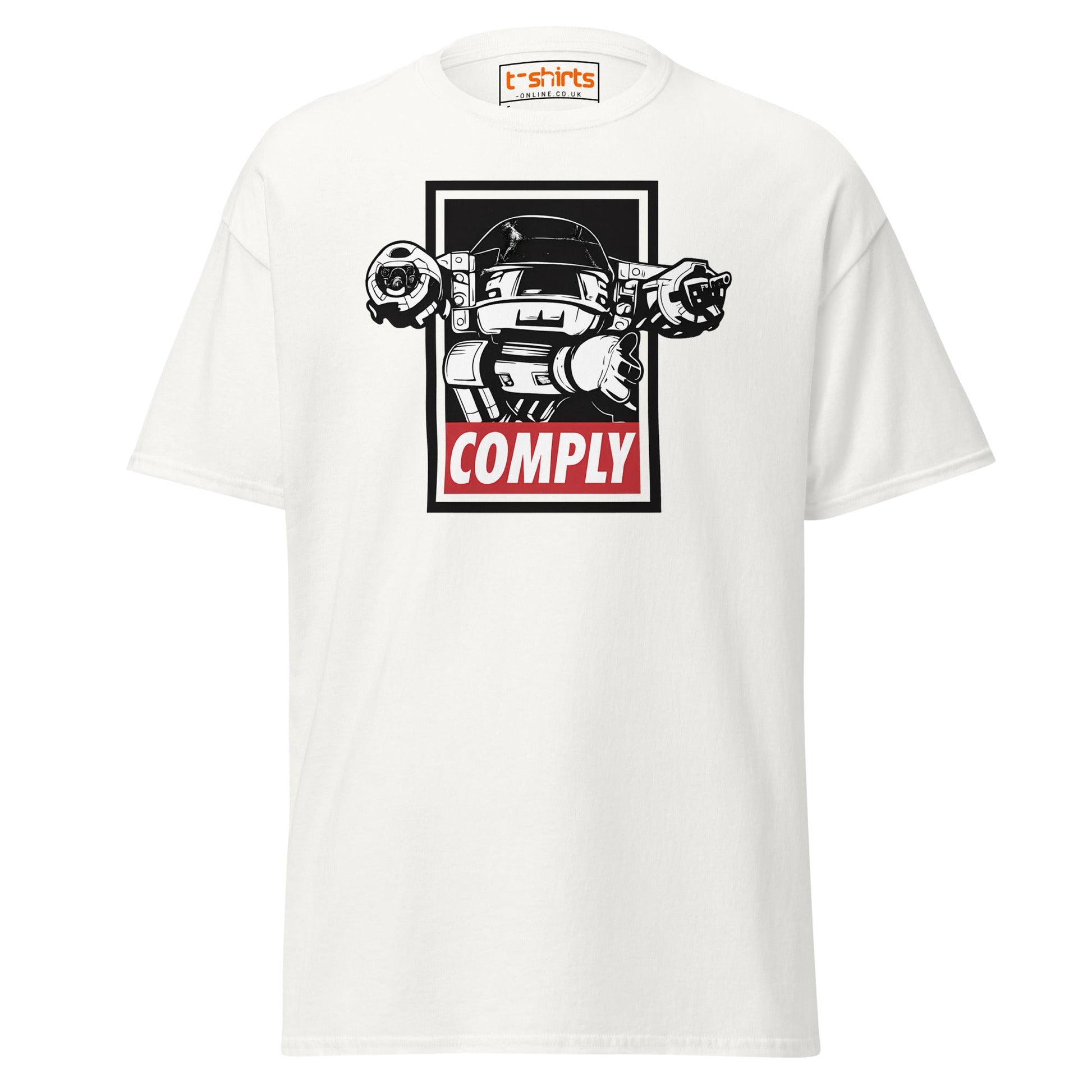 ED - 209 Comply T-Shirt – Retro RoboCop Mech Tee - White - T-Shirts Online