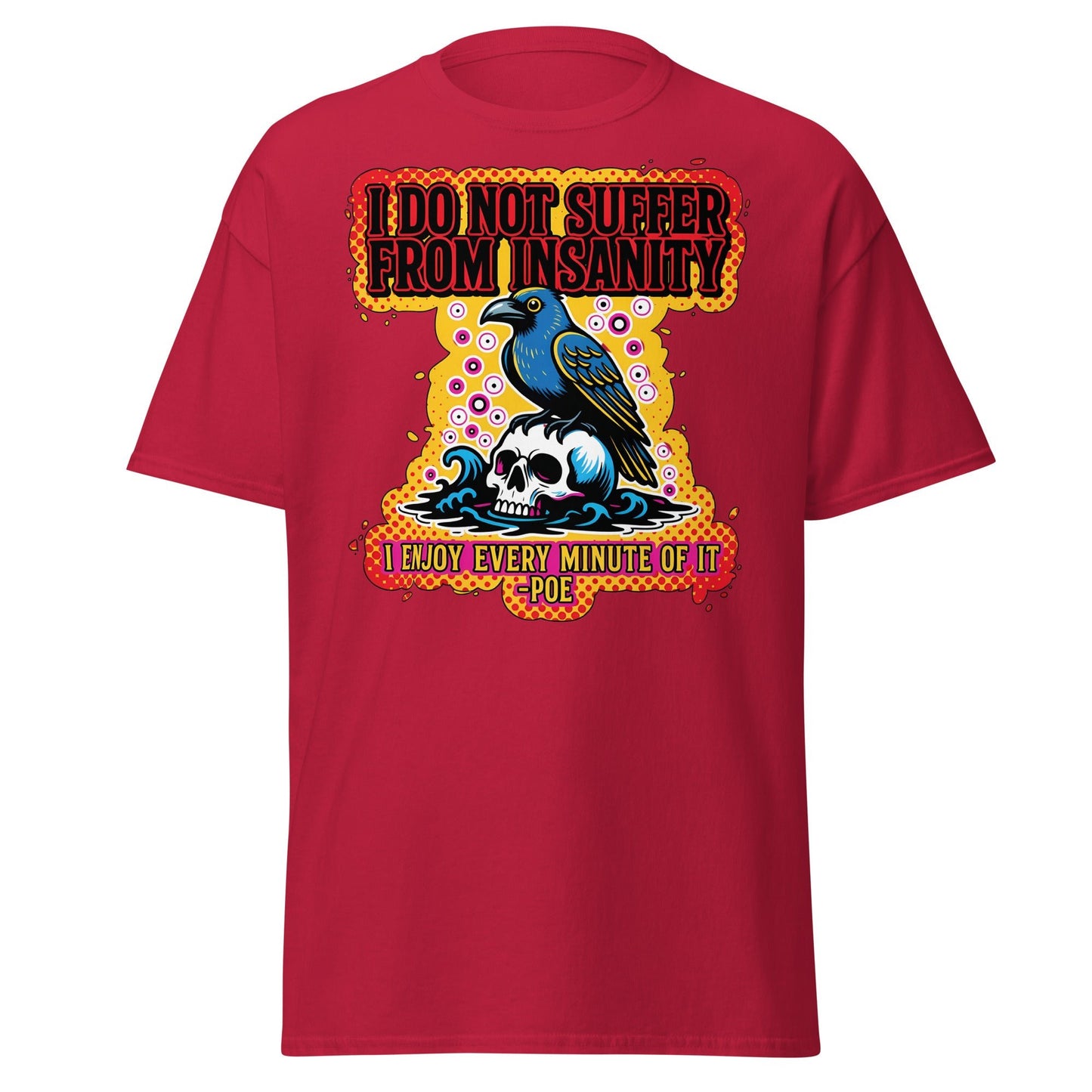Edgar Allan Poe Insanity Raven Skull T-Shirt - Cardinal - T-Shirts Online