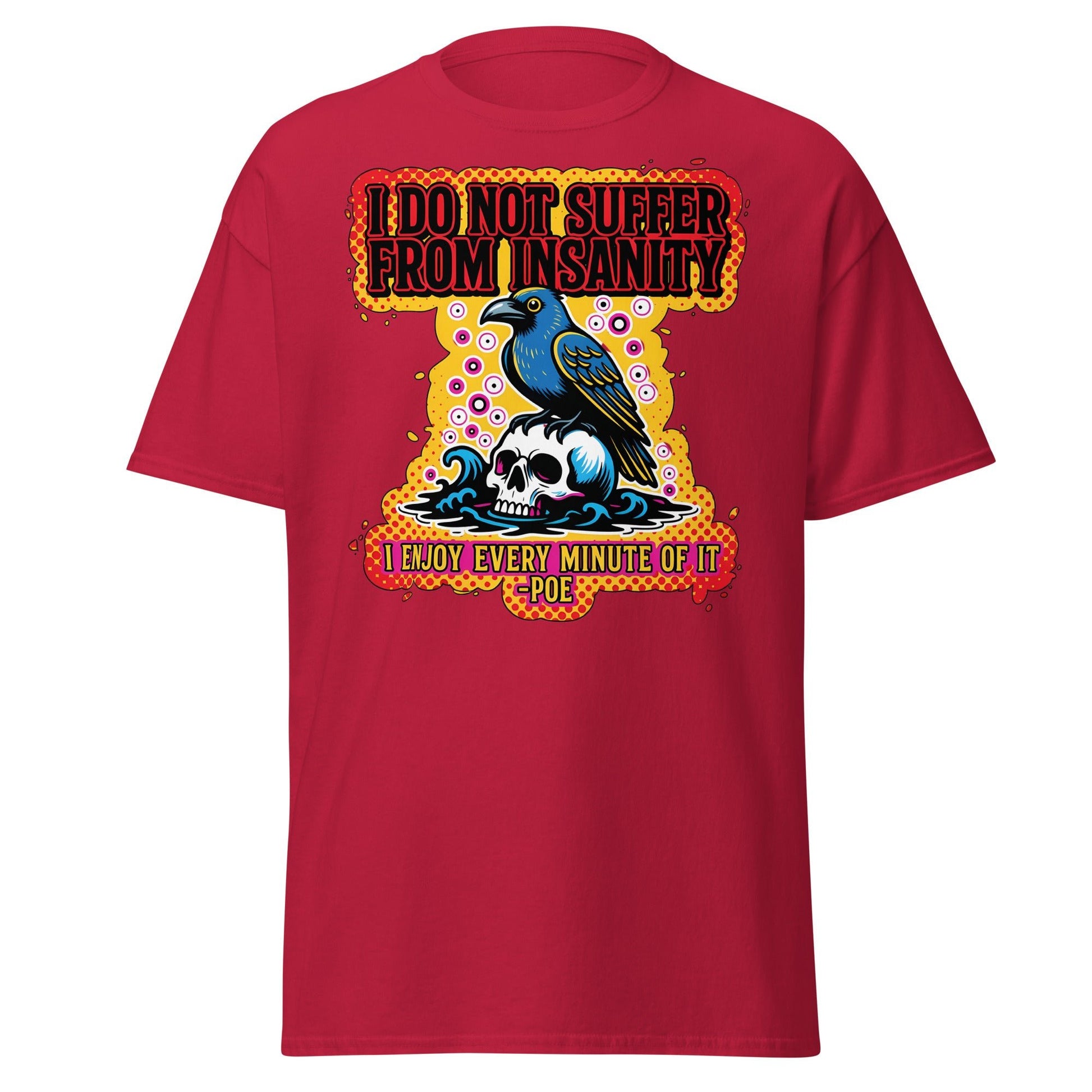 Edgar Allan Poe Insanity Raven Skull T-Shirt - Cardinal - T-Shirts Online