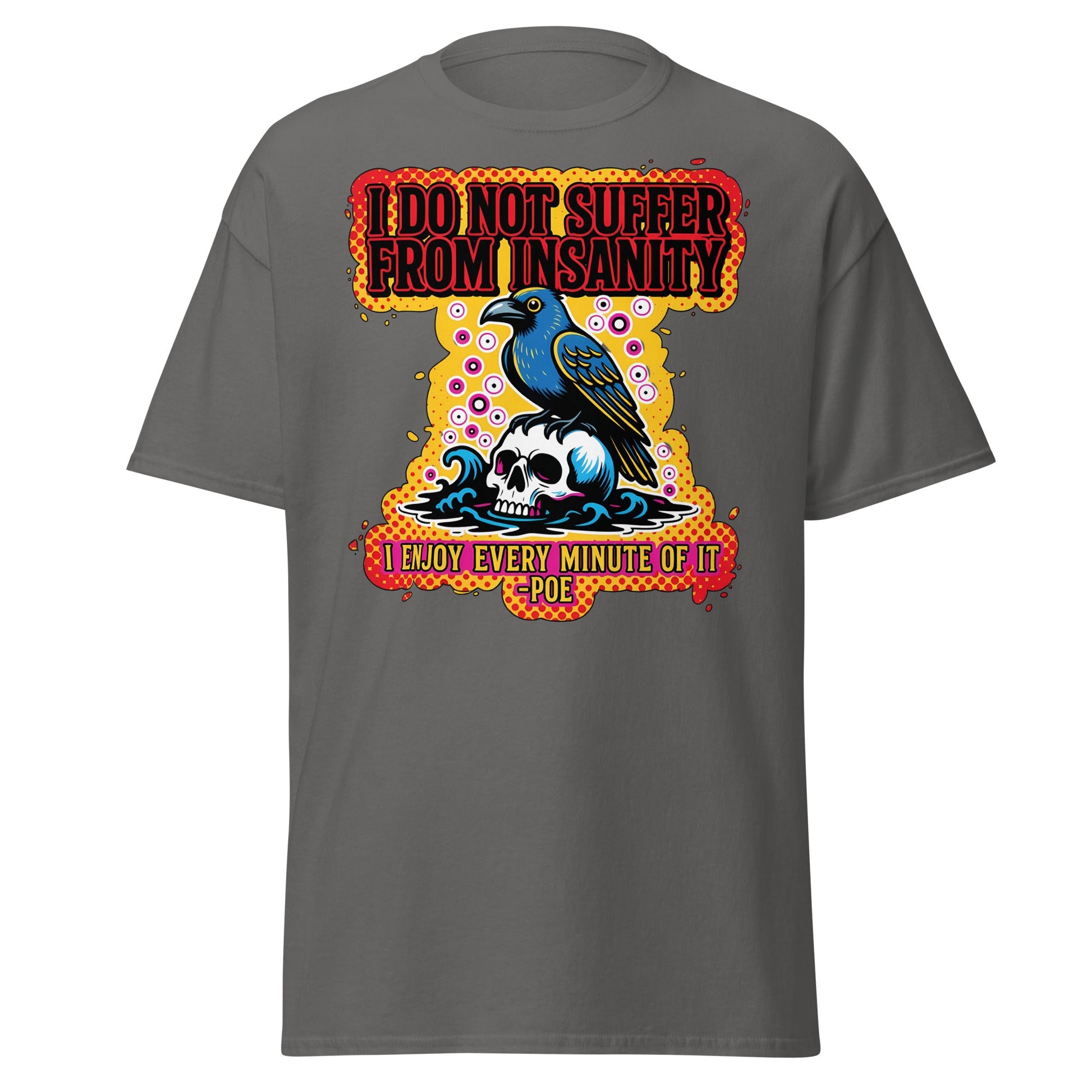 Edgar Allan Poe Insanity Raven Skull T-Shirt - Charcoal - T-Shirts Online