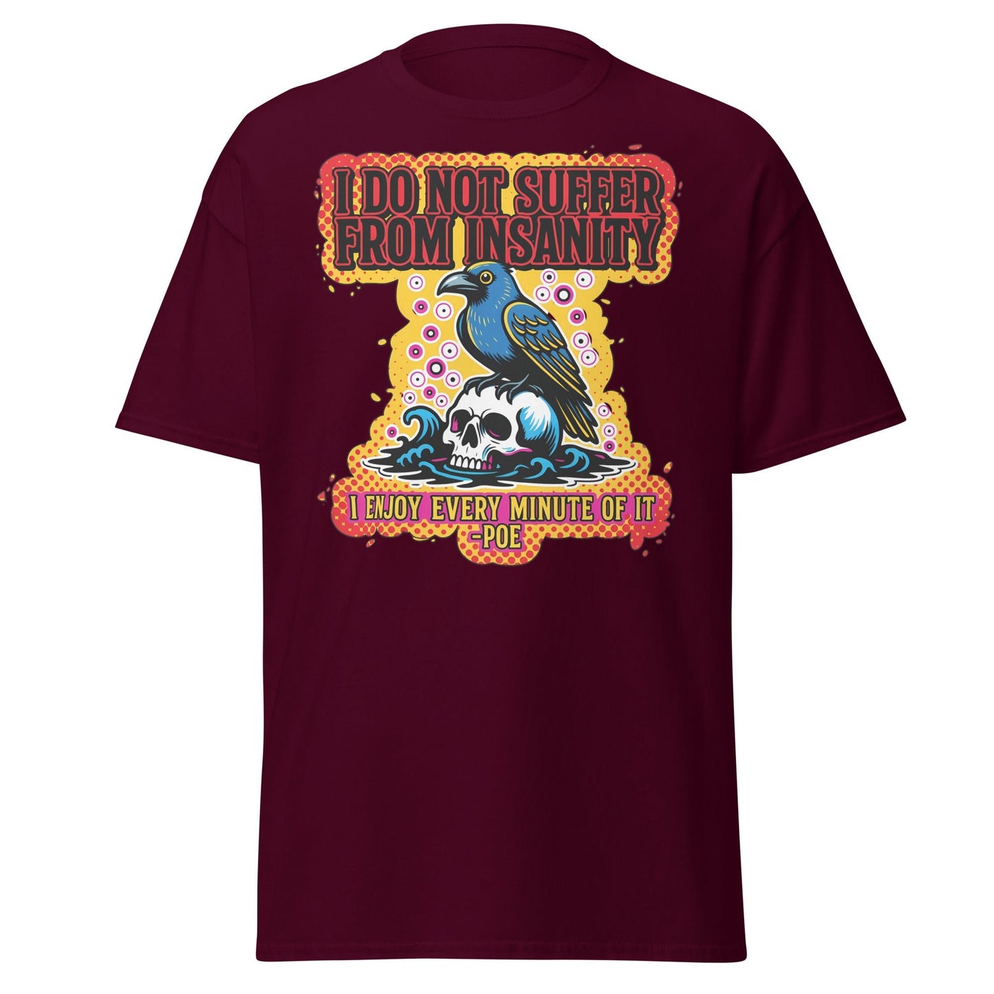 Edgar Allan Poe Insanity Raven Skull T-Shirt - Maroon - T-Shirts Online