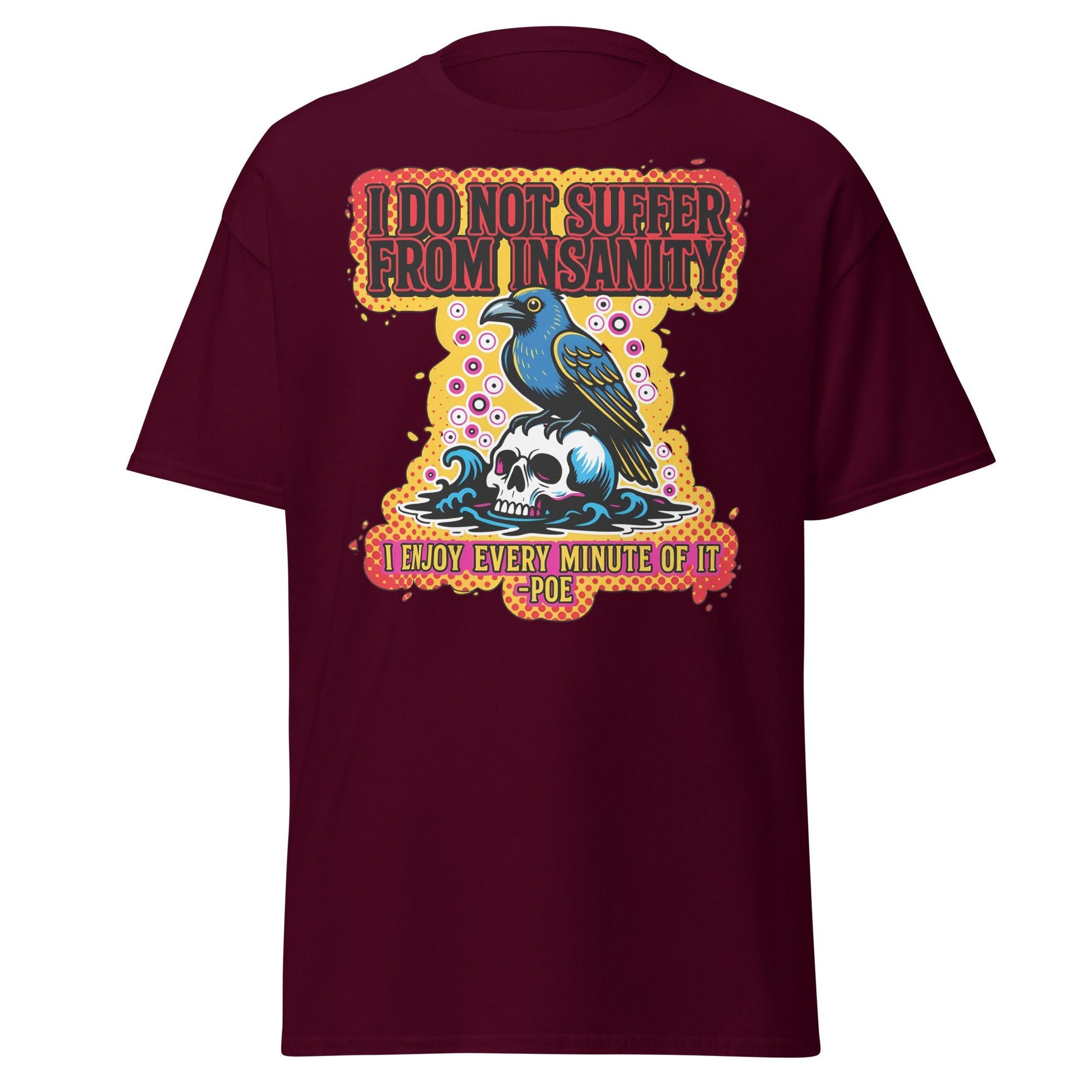 Edgar Allan Poe Insanity Raven Skull T-Shirt - Maroon - T-Shirts Online