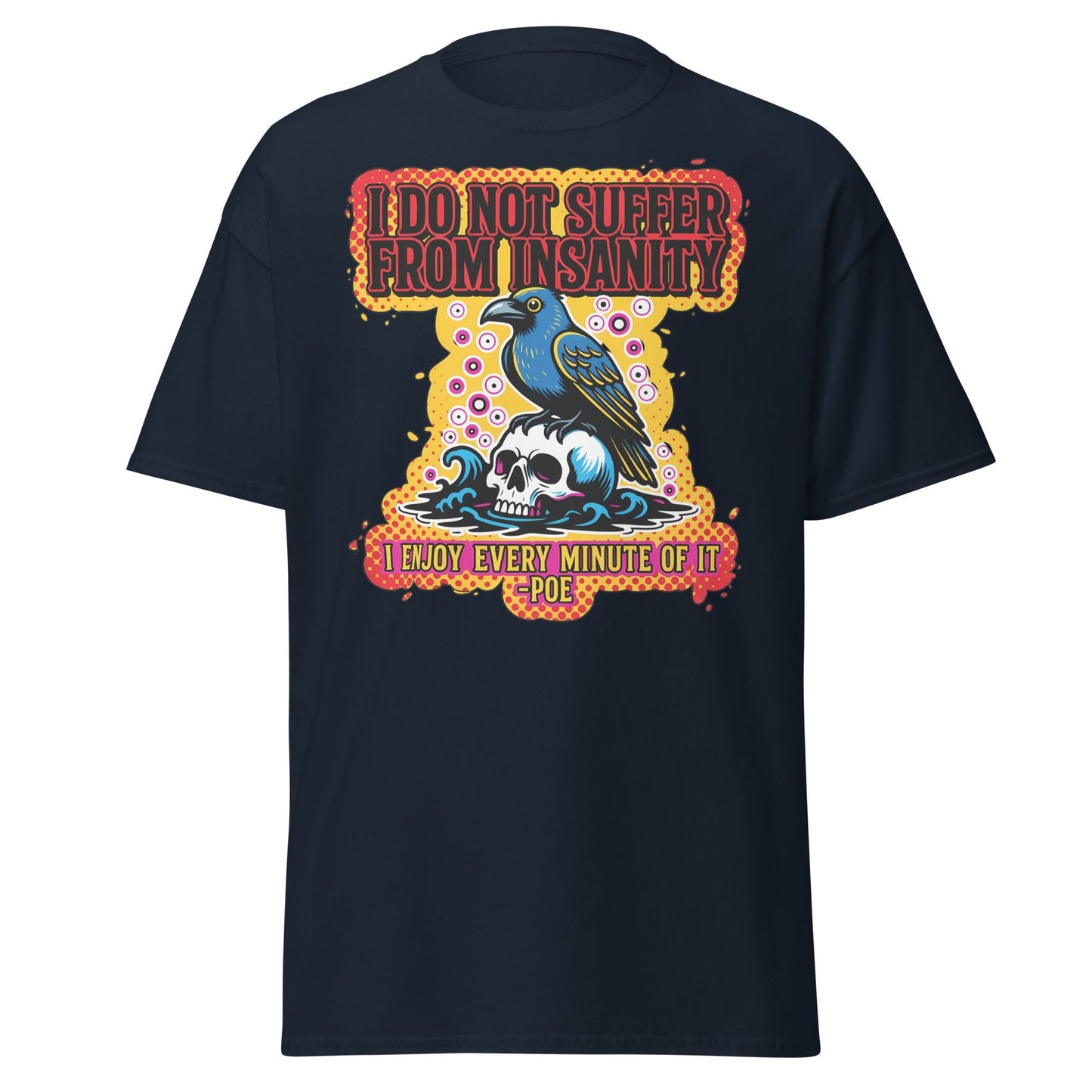 Edgar Allan Poe Insanity Raven Skull T-Shirt - Navy - T-Shirts Online