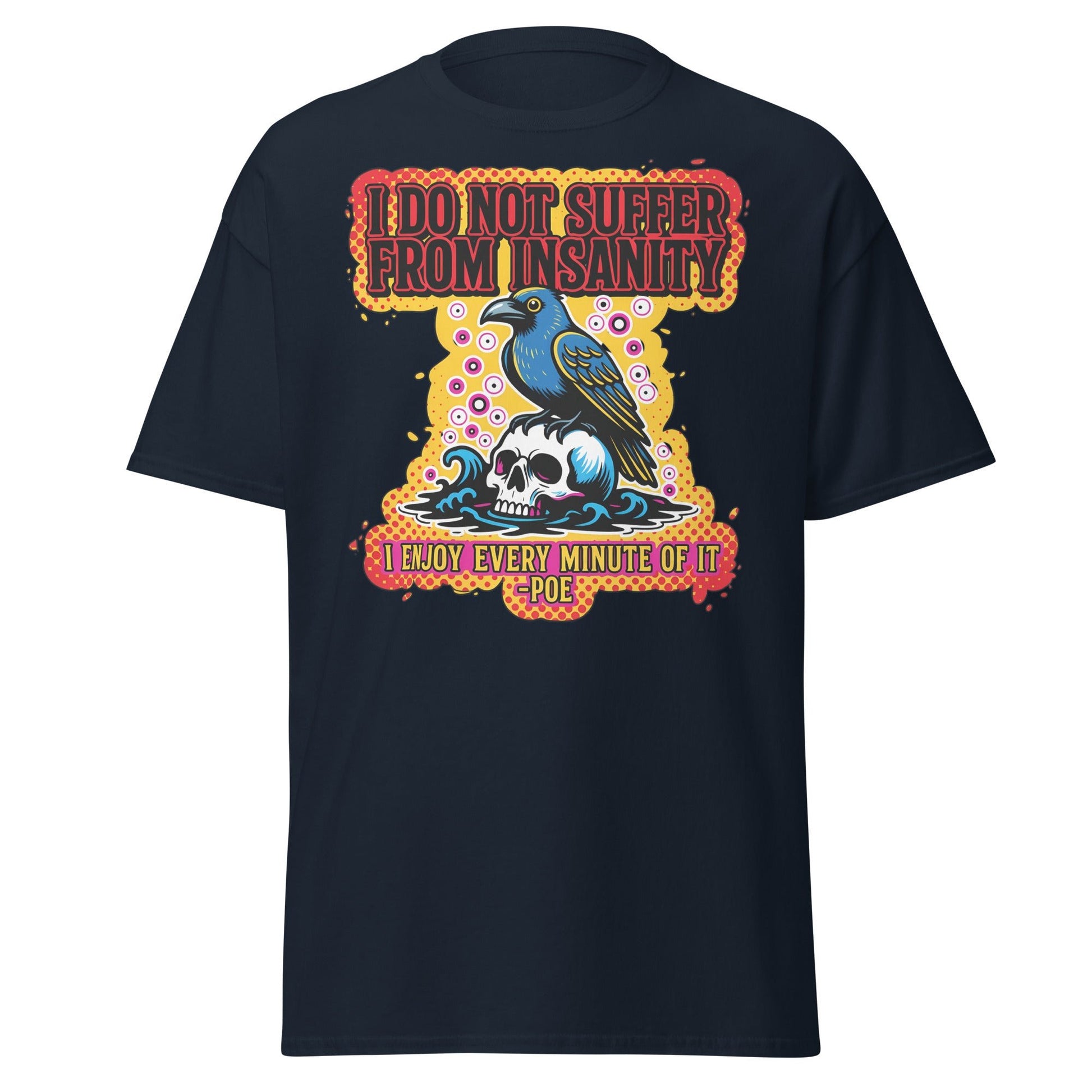 Edgar Allan Poe Insanity Raven Skull T-Shirt - Navy - T-Shirts Online