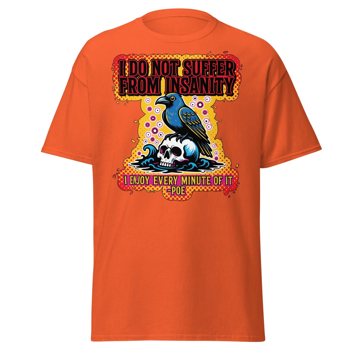Edgar Allan Poe Insanity Raven Skull T-Shirt - Orange - T-Shirts Online