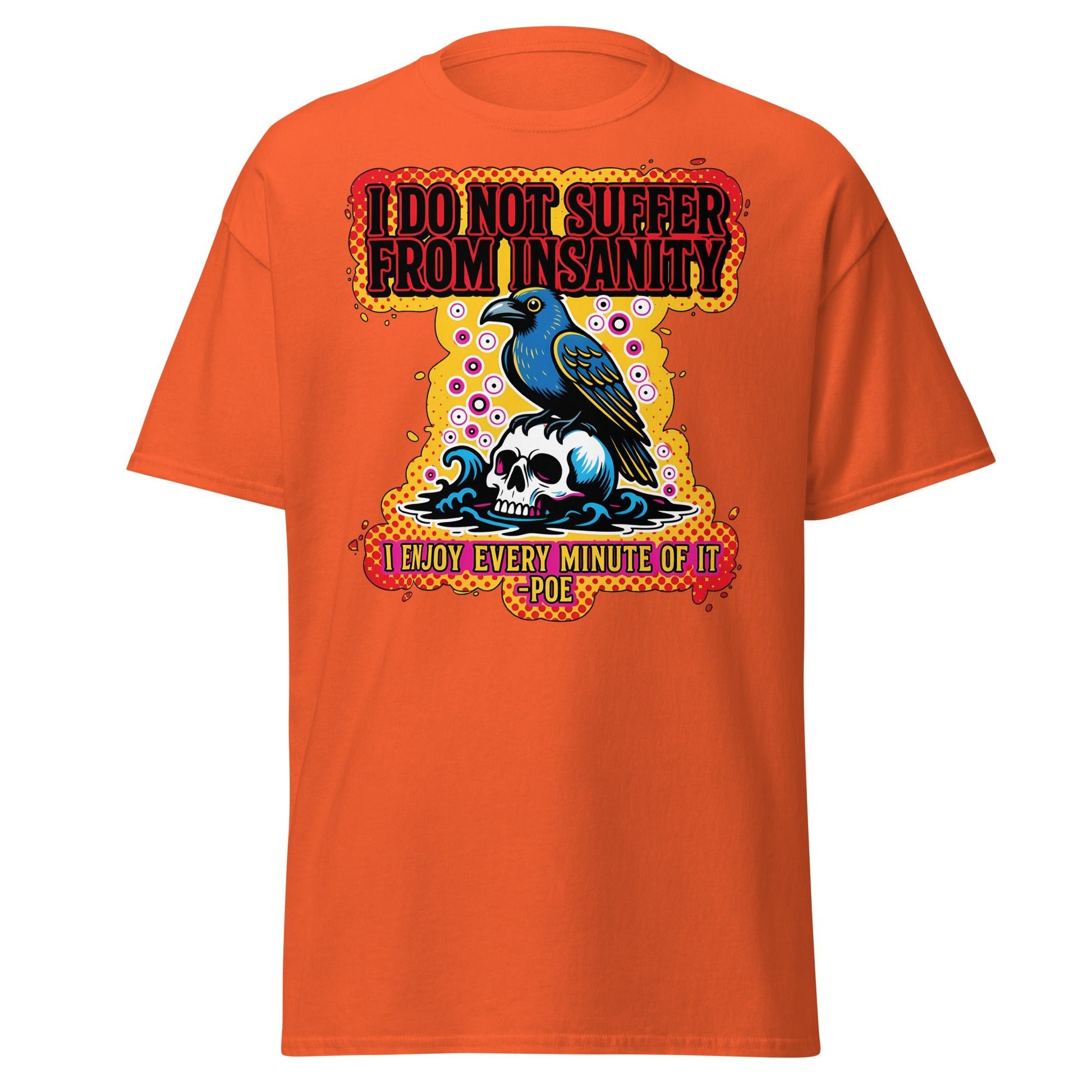 Edgar Allan Poe Insanity Raven Skull T-Shirt - Orange - T-Shirts Online