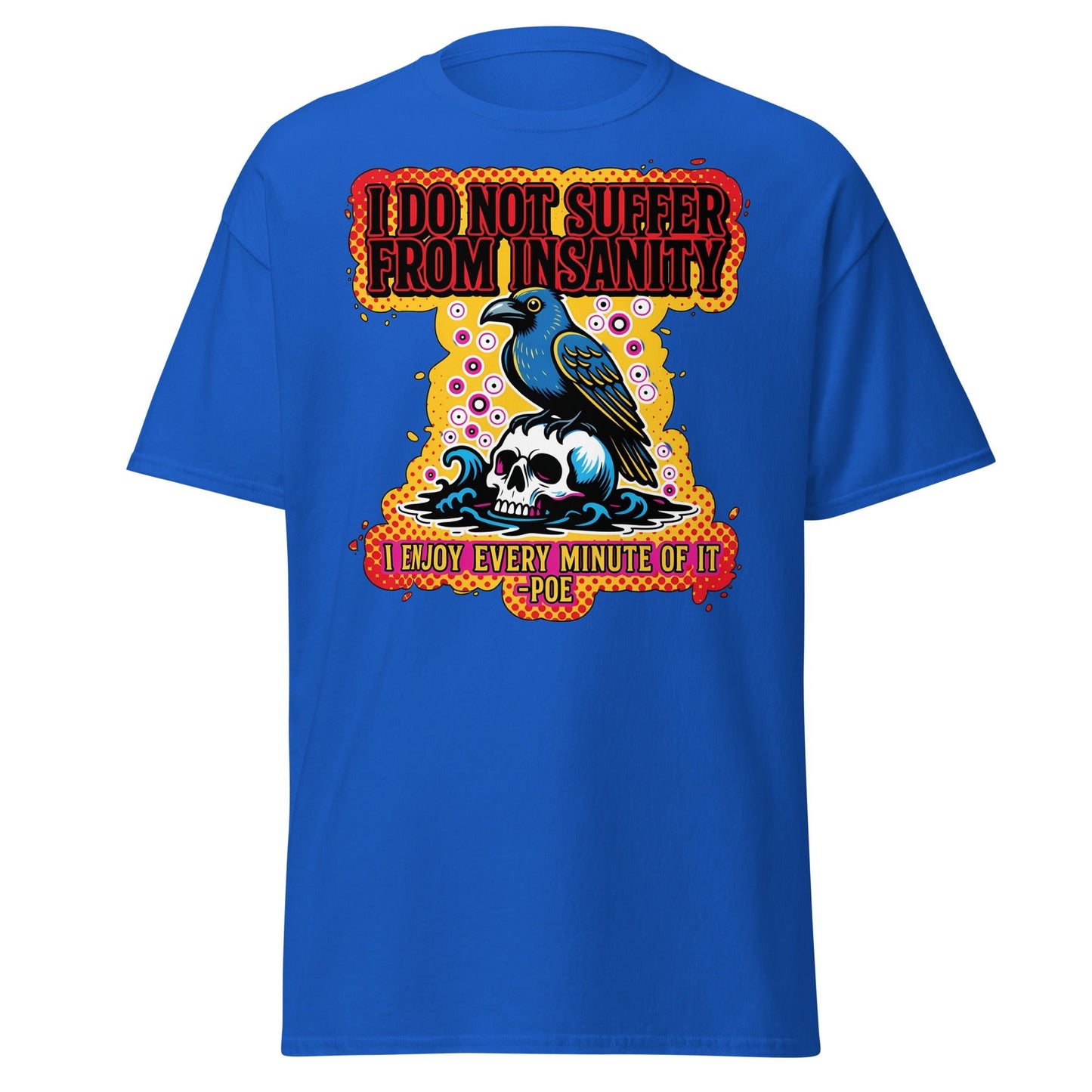 Edgar Allan Poe Insanity Raven Skull T-Shirt - Royal - T-Shirts Online