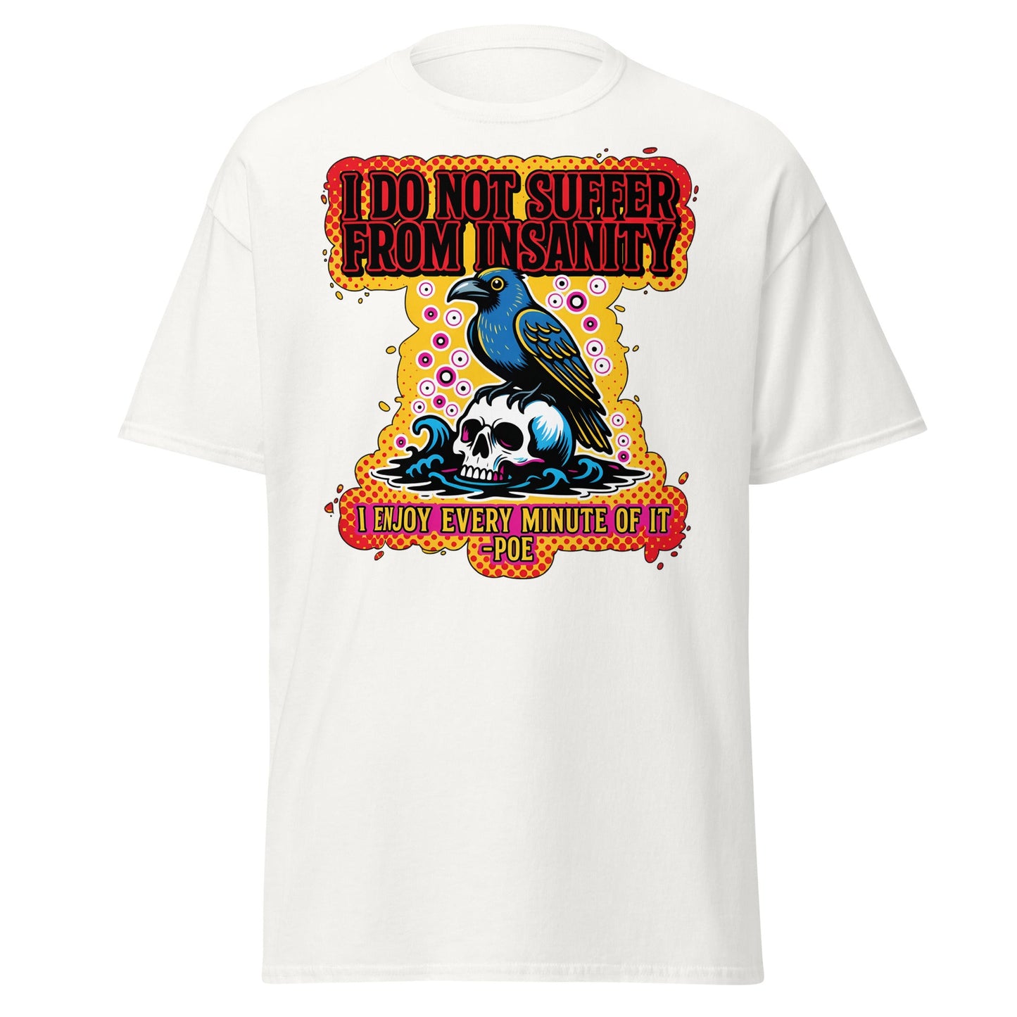 Edgar Allan Poe Insanity Raven Skull T-Shirt - White - T-Shirts Online