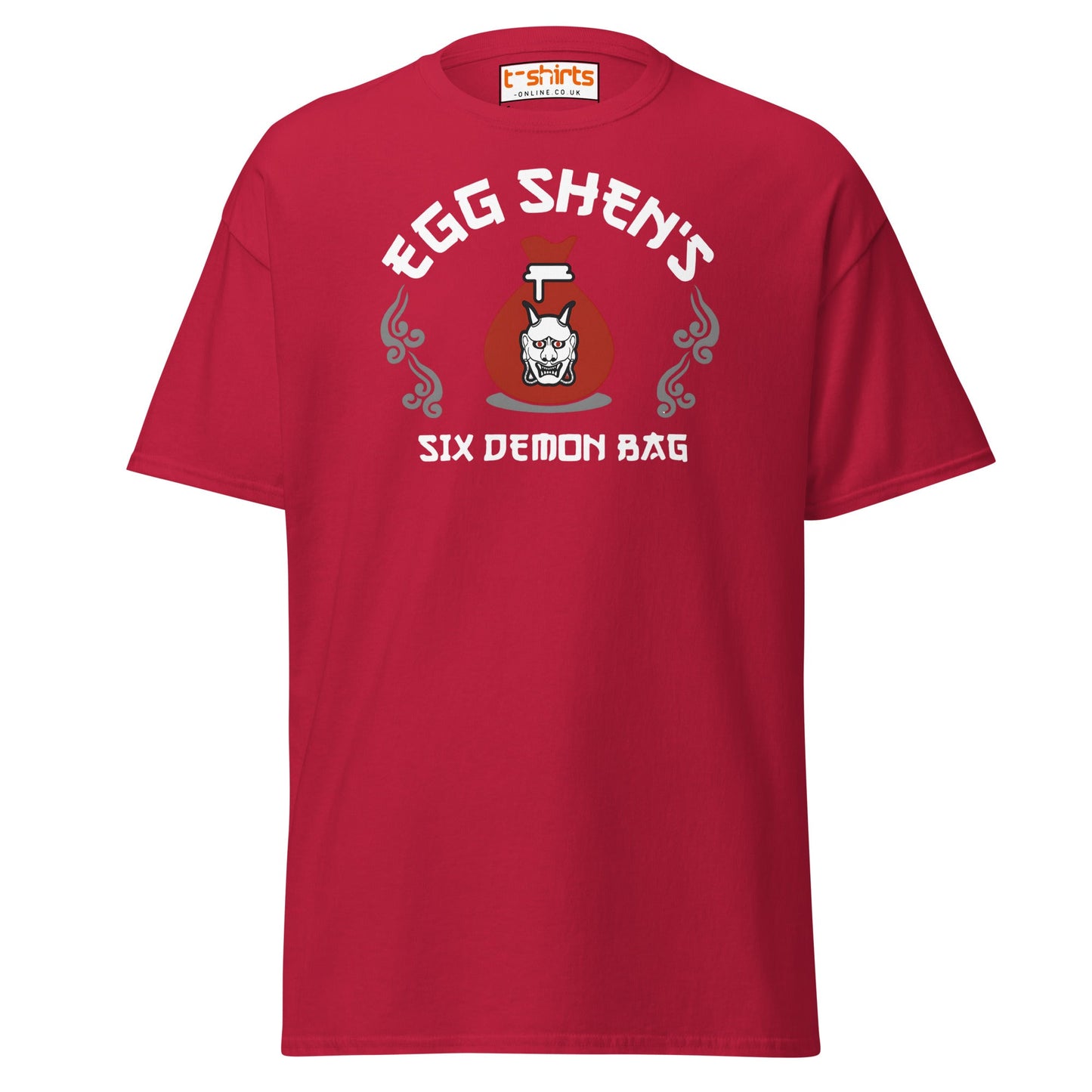 Egg Shen’s Six Demon Bag T-Shirt | Retro Movie Graphic Tee - Cardinal - T-Shirts Online