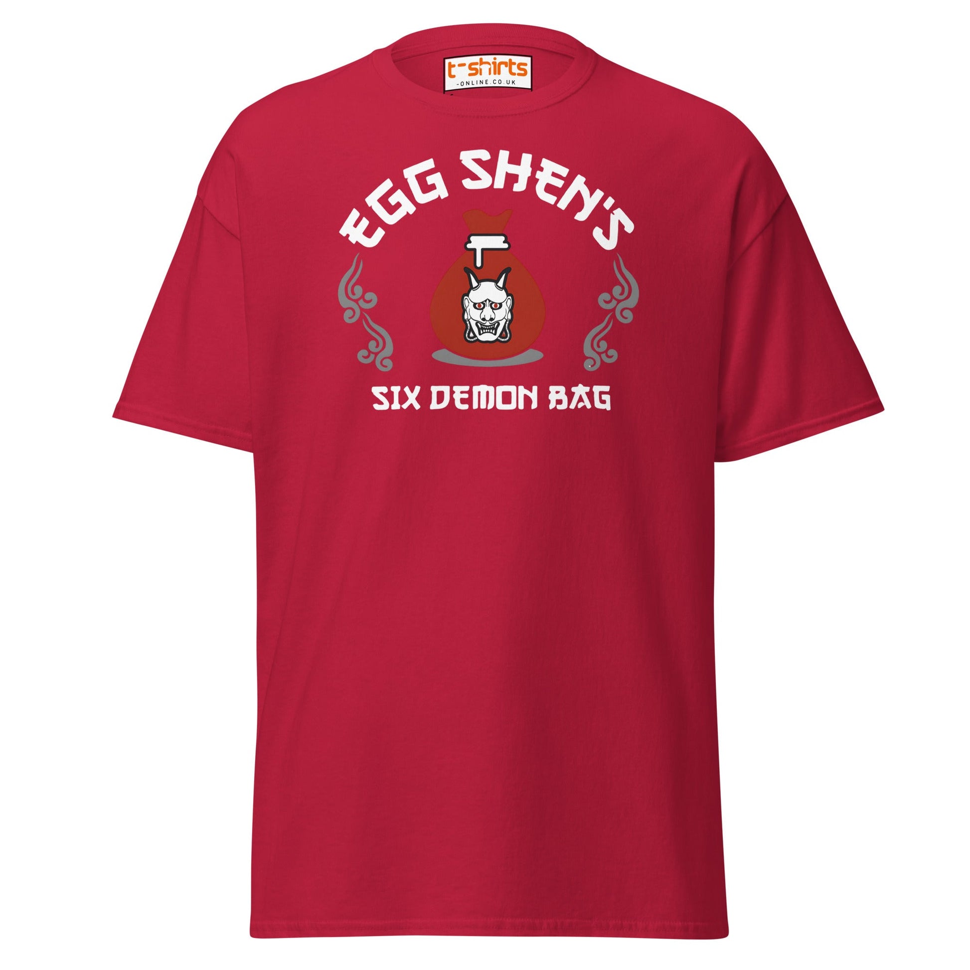 Egg Shen’s Six Demon Bag T-Shirt | Retro Movie Graphic Tee - Cardinal - T-Shirts Online
