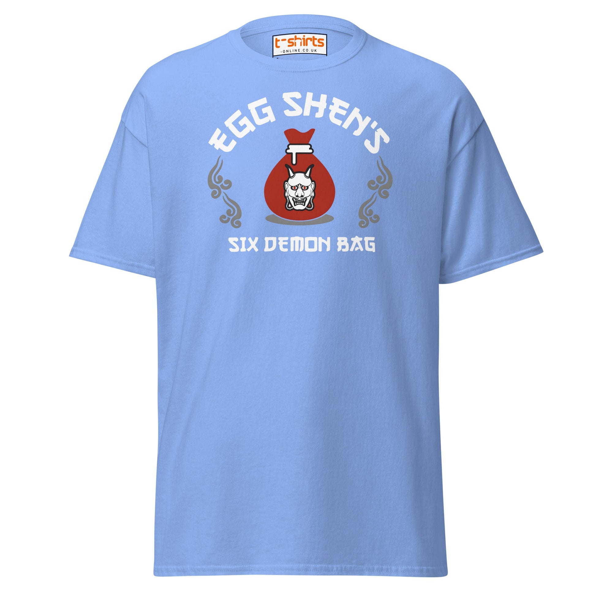 Egg Shen’s Six Demon Bag T-Shirt | Retro Movie Graphic Tee - Carolina Blue - T-Shirts Online