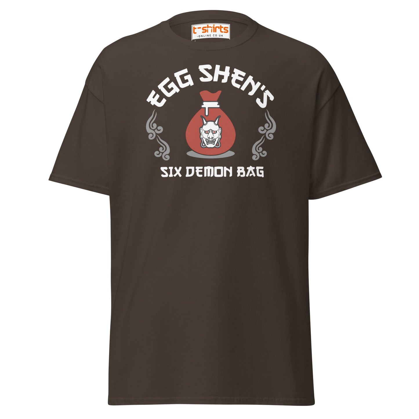 Egg Shen’s Six Demon Bag T-Shirt | Retro Movie Graphic Tee - Dark Chocolate - T-Shirts Online
