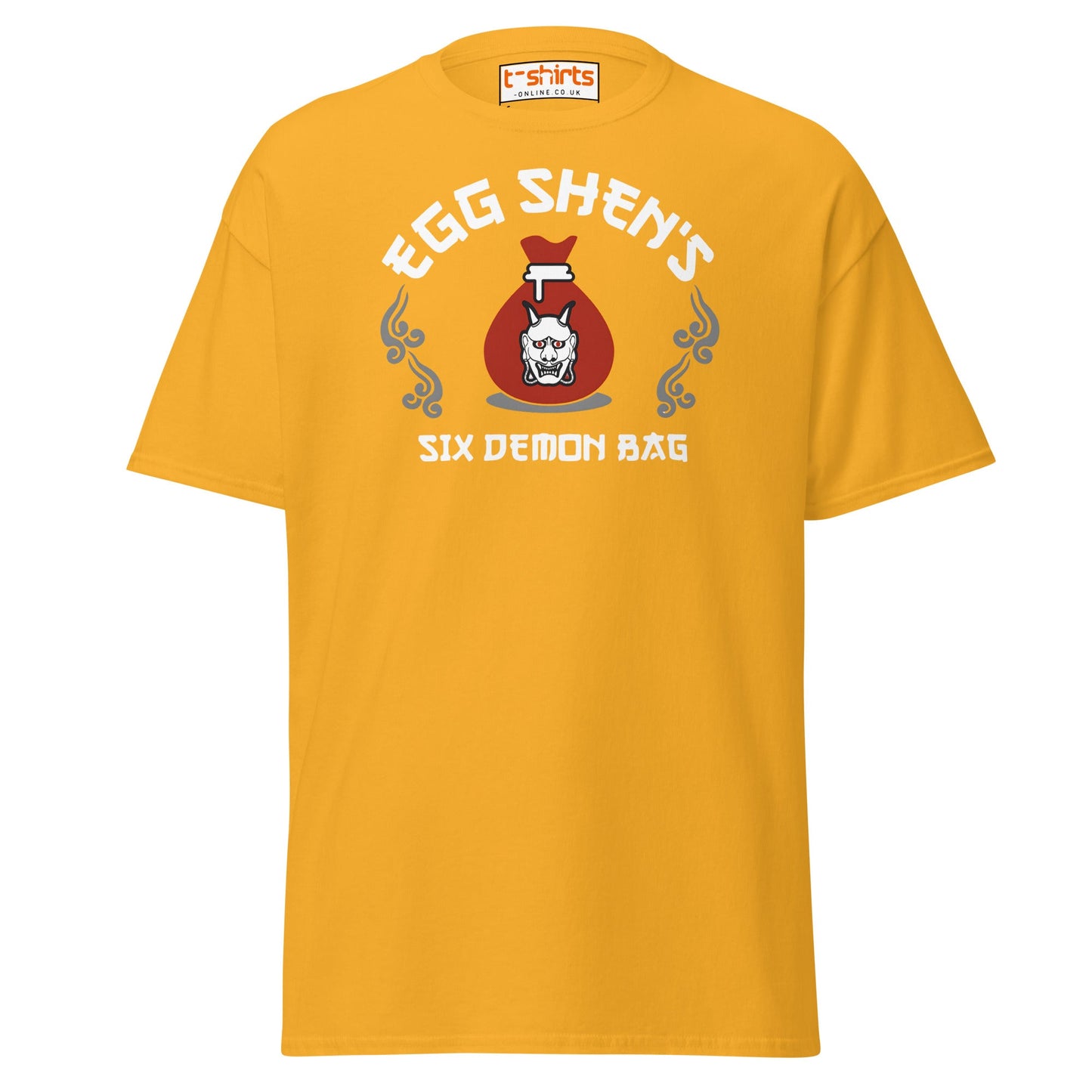 Egg Shen’s Six Demon Bag T-Shirt | Retro Movie Graphic Tee - Gold - T-Shirts Online