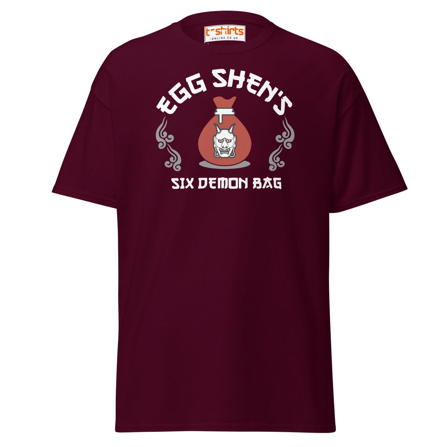 Egg Shen’s Six Demon Bag T-Shirt | Retro Movie Graphic Tee - Maroon - T-Shirts Online