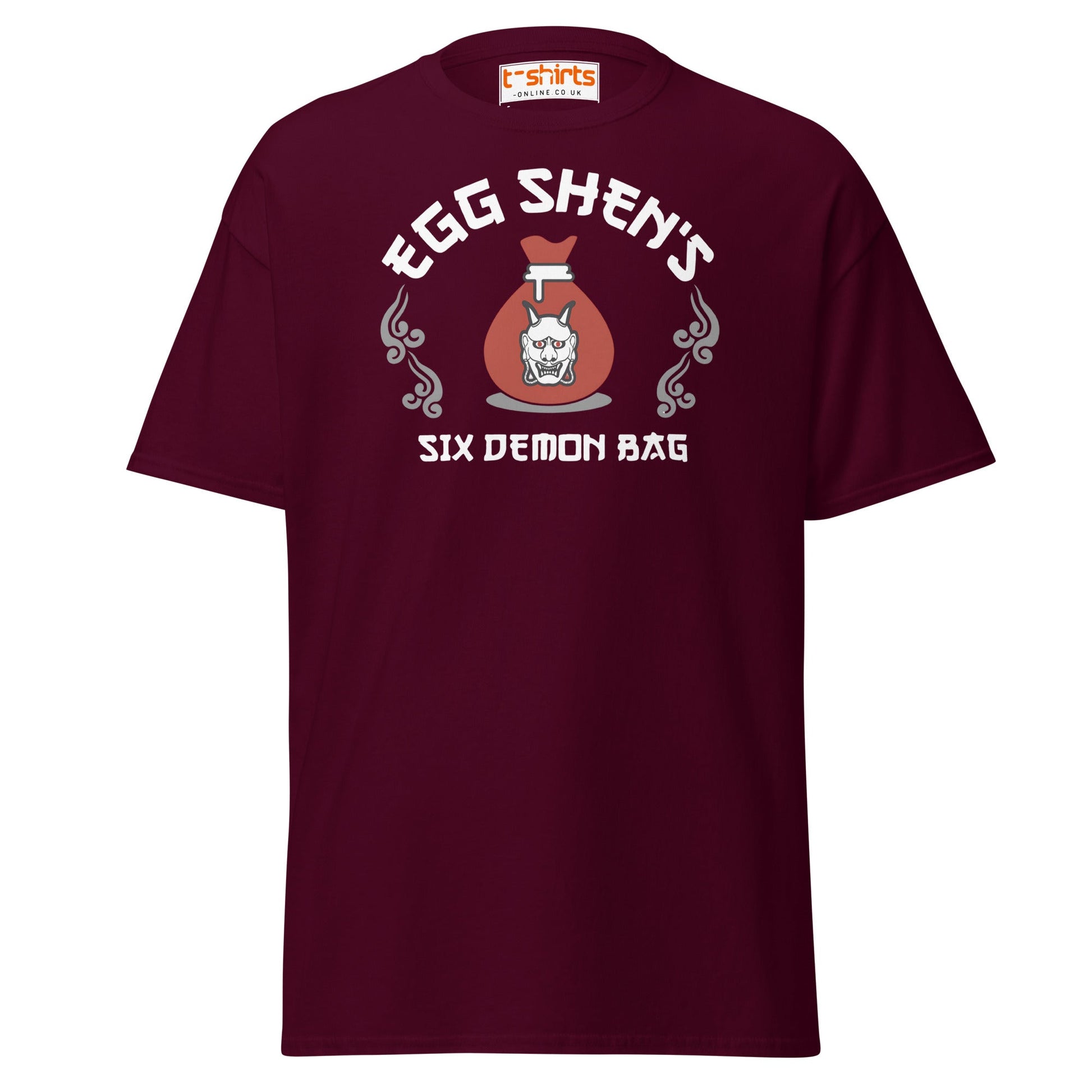 Egg Shen’s Six Demon Bag T-Shirt | Retro Movie Graphic Tee - Maroon - T-Shirts Online