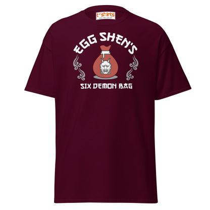 Egg Shen’s Six Demon Bag T-Shirt | Retro Movie Graphic Tee - Maroon - T-Shirts Online