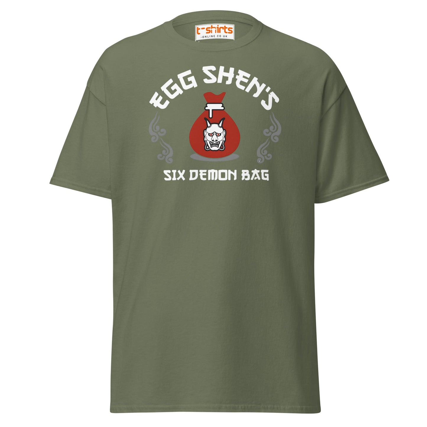 Egg Shen’s Six Demon Bag T-Shirt | Retro Movie Graphic Tee - Military Green - T-Shirts Online