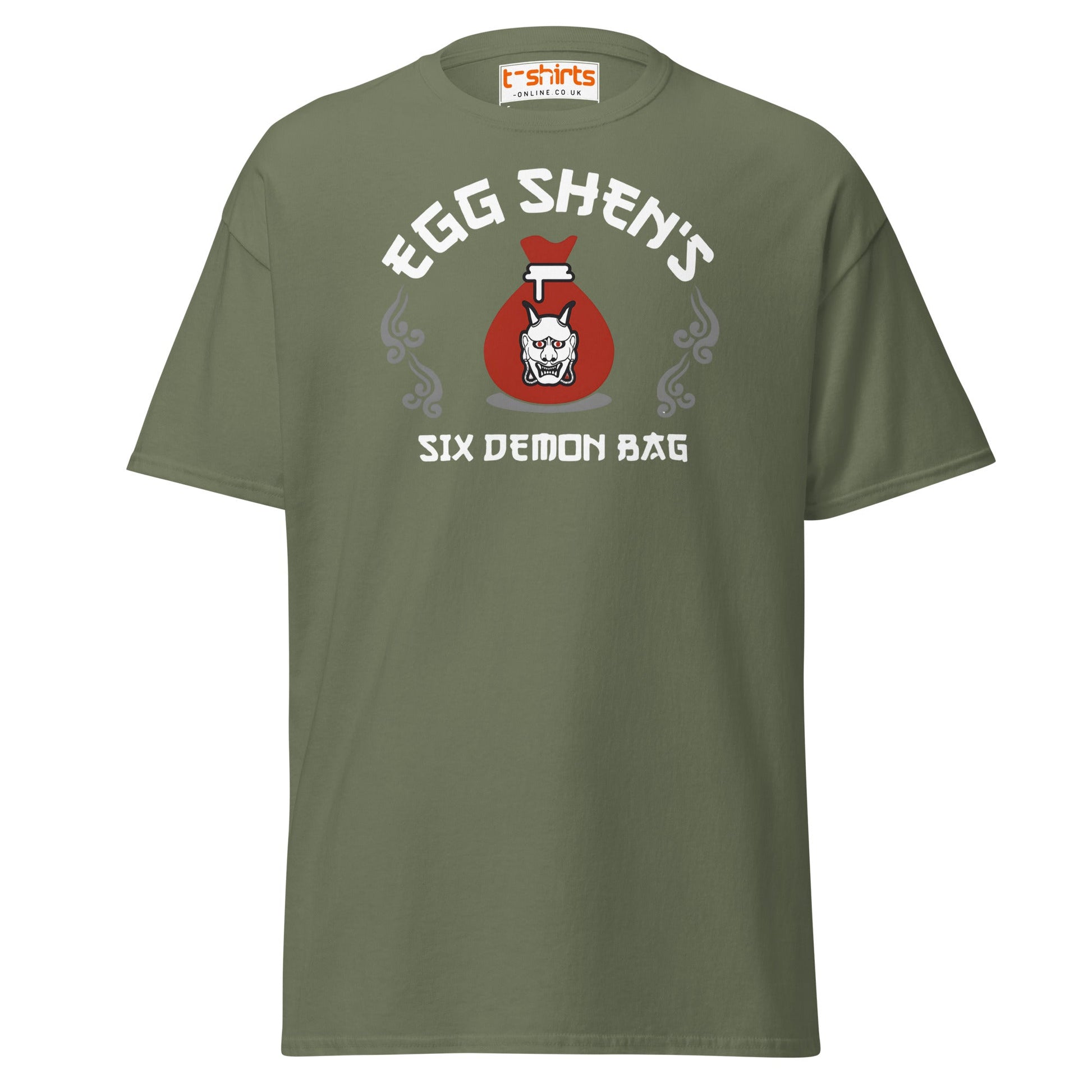 Egg Shen’s Six Demon Bag T-Shirt | Retro Movie Graphic Tee - Military Green - T-Shirts Online