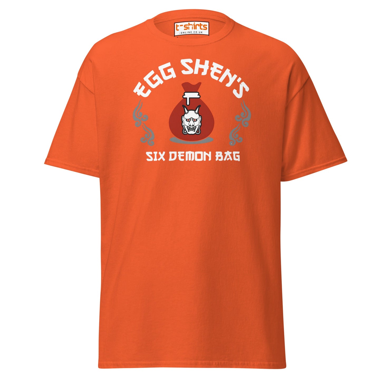Egg Shen’s Six Demon Bag T-Shirt | Retro Movie Graphic Tee - Orange - T-Shirts Online