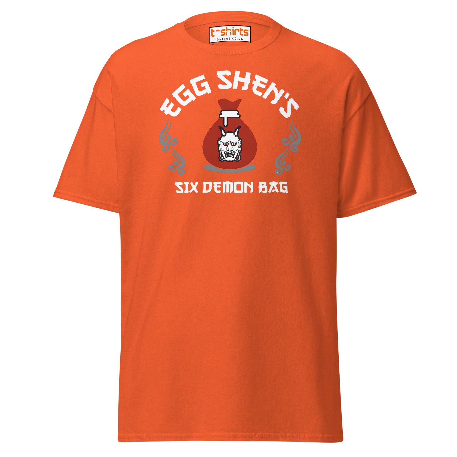 Egg Shen’s Six Demon Bag T-Shirt | Retro Movie Graphic Tee - Orange - T-Shirts Online