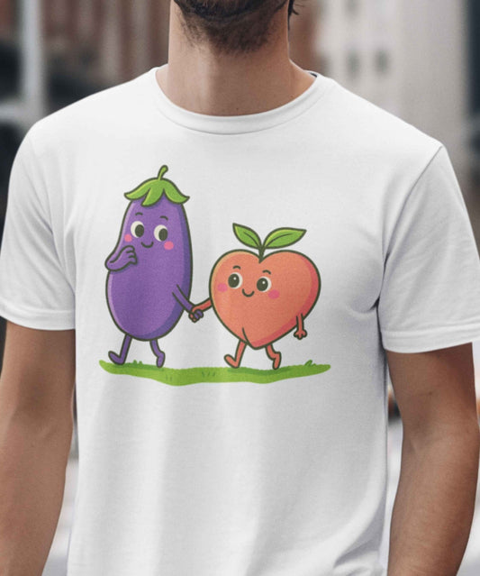 Kawaii-style eggplant and peach holding hands with playful expressions on a transparent background
