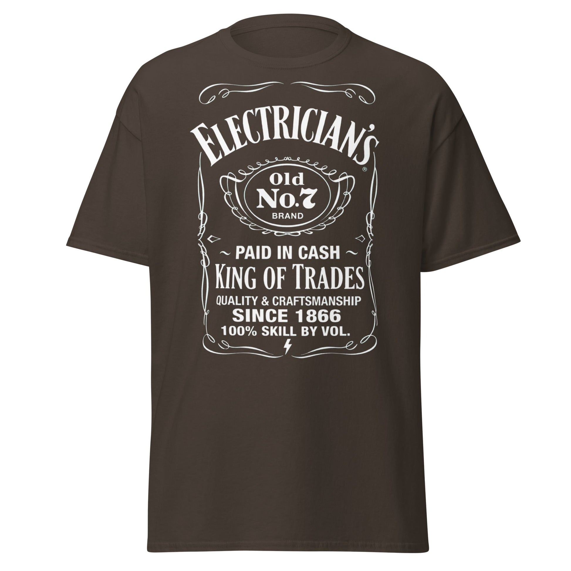 Electrician King of Trades Whiskey Label T-Shirt - Dark Chocolate - T-Shirts Online