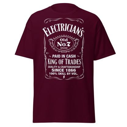 Electrician King of Trades Whiskey Label T-Shirt - Maroon - T-Shirts Online