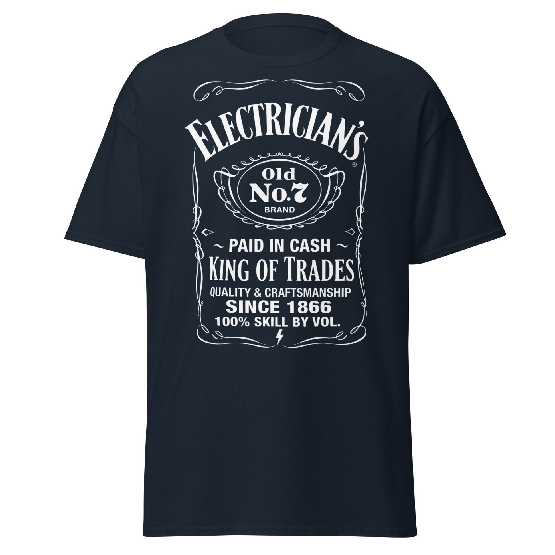 Electrician King of Trades Whiskey Label T-Shirt - Navy - T-Shirts Online