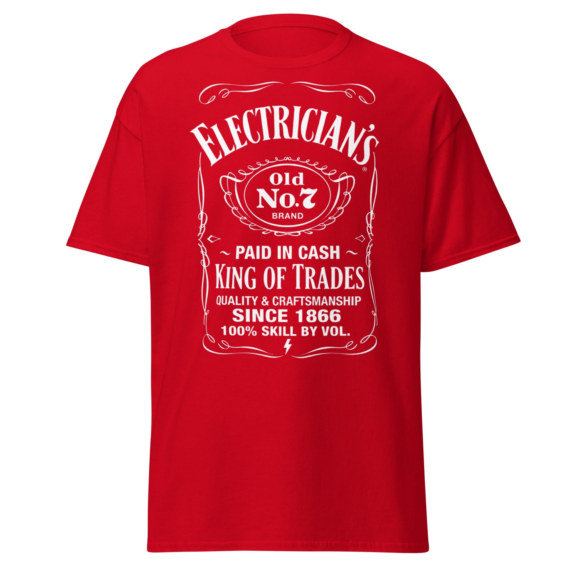 Electrician King of Trades Whiskey Label T-Shirt - Red - T-Shirts Online