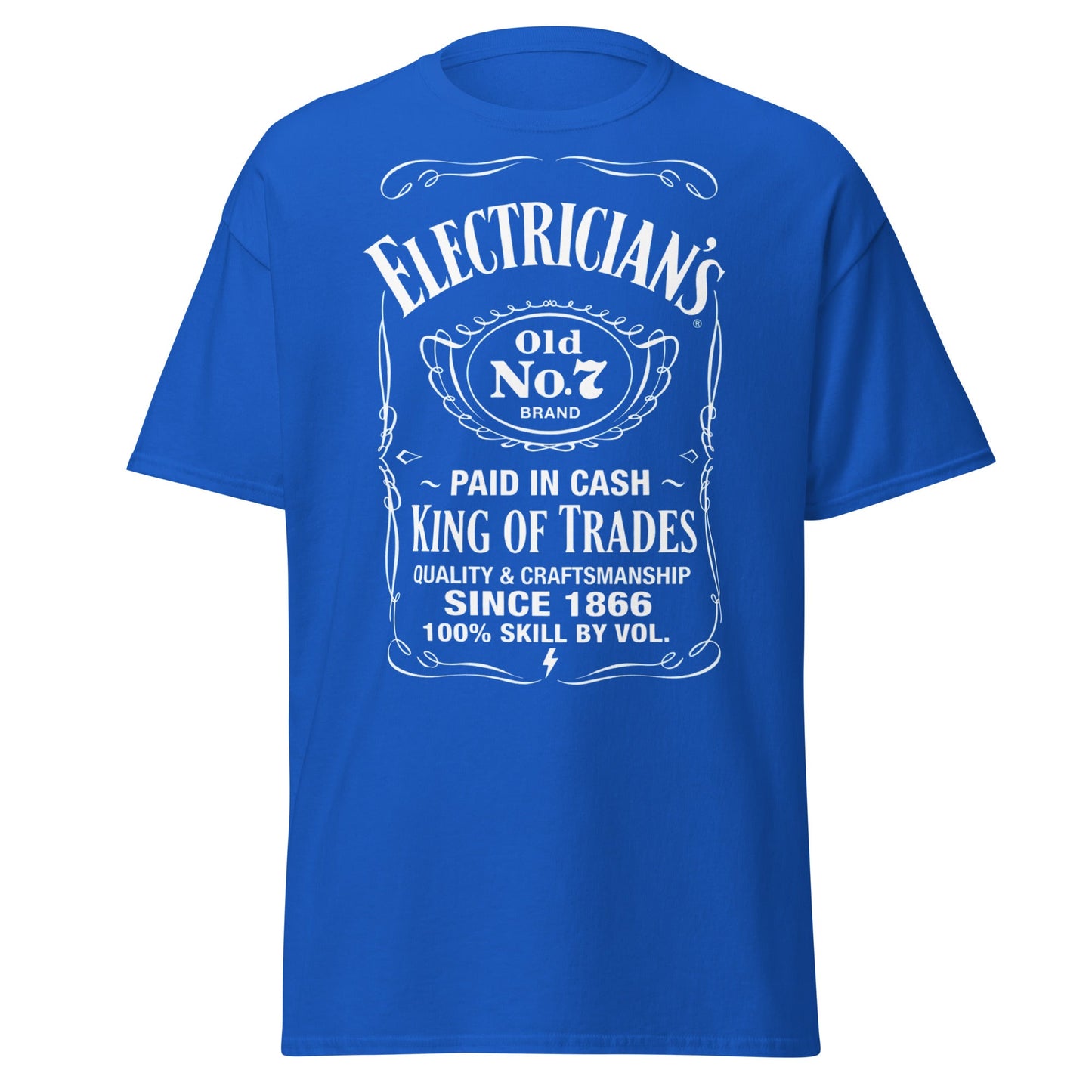 Electrician King of Trades Whiskey Label T-Shirt - Royal - T-Shirts Online