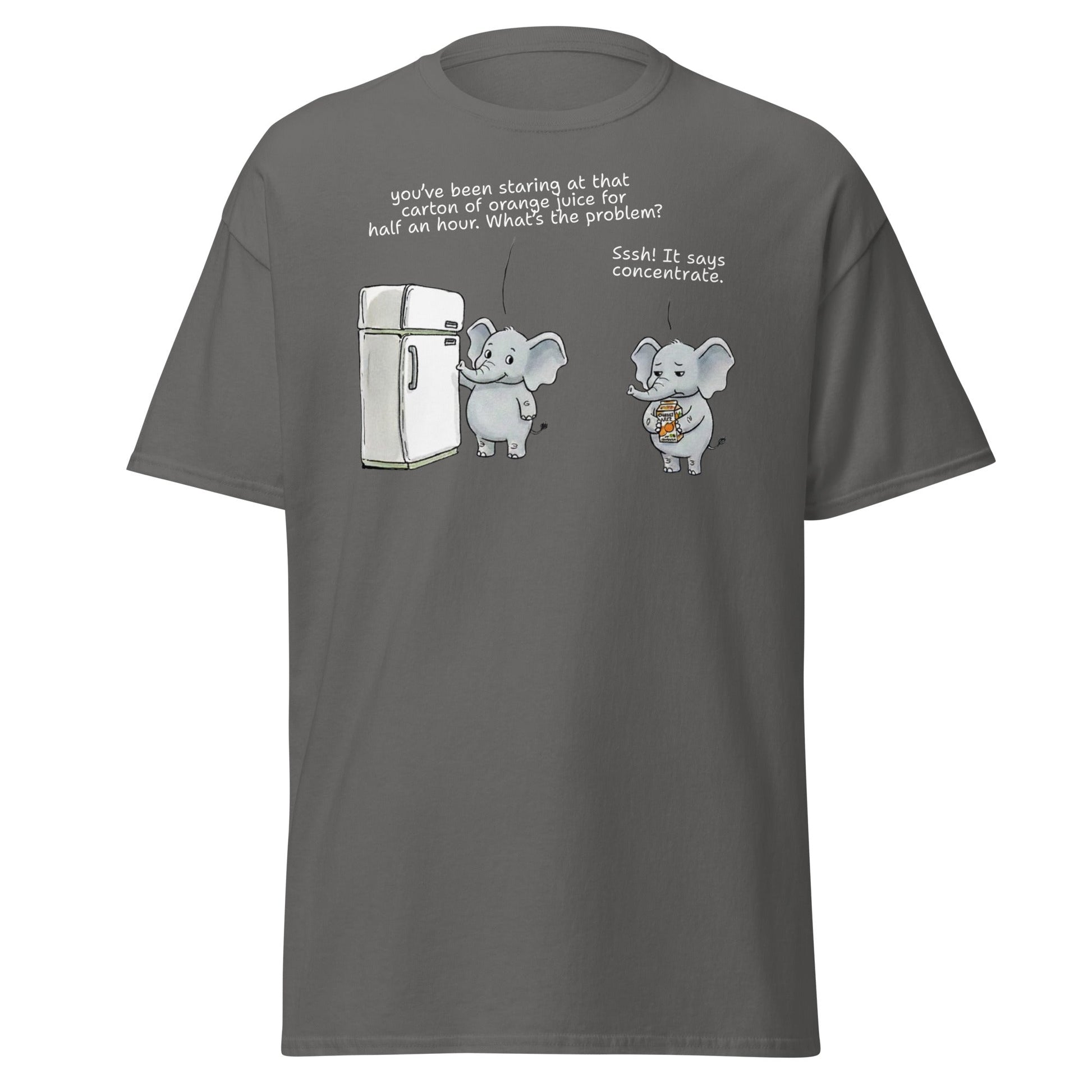 Elephant "Concentrate" Funny Juice Pun T-Shirt - Charcoal - T-Shirts Online