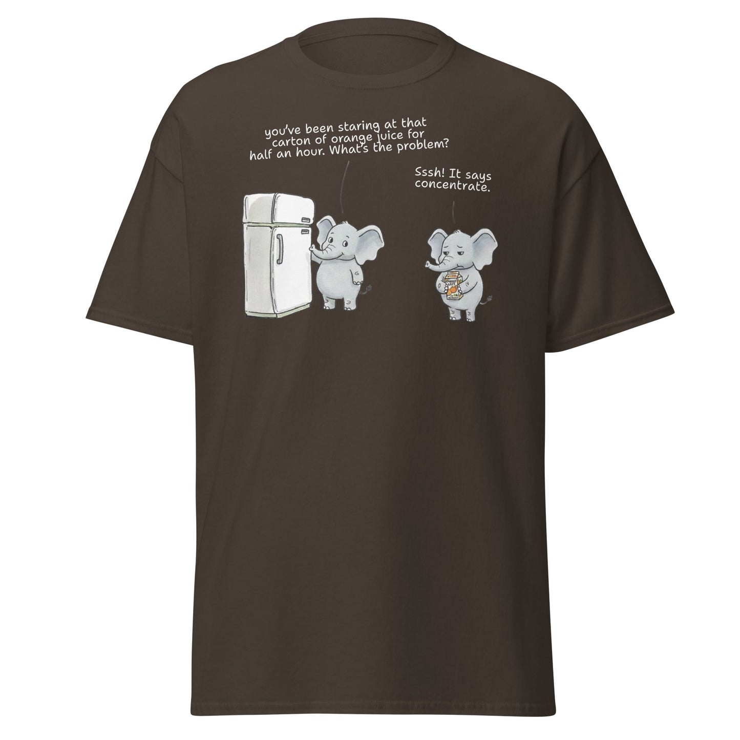Elephant "Concentrate" Funny Juice Pun T-Shirt - Dark Chocolate - T-Shirts Online