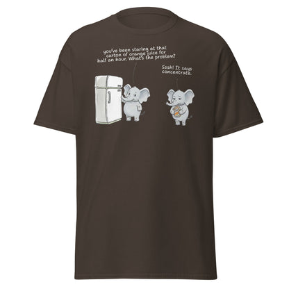 Elephant "Concentrate" Funny Juice Pun T-Shirt - Dark Chocolate - T-Shirts Online
