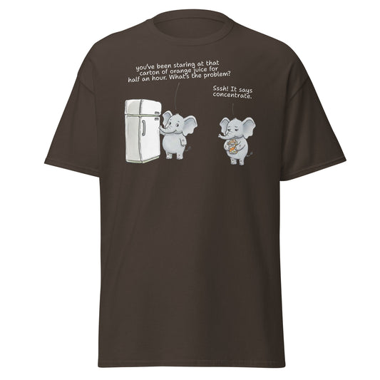 Elephant "Concentrate" Funny Juice Pun T-Shirt - Dark Chocolate - T-Shirts Online