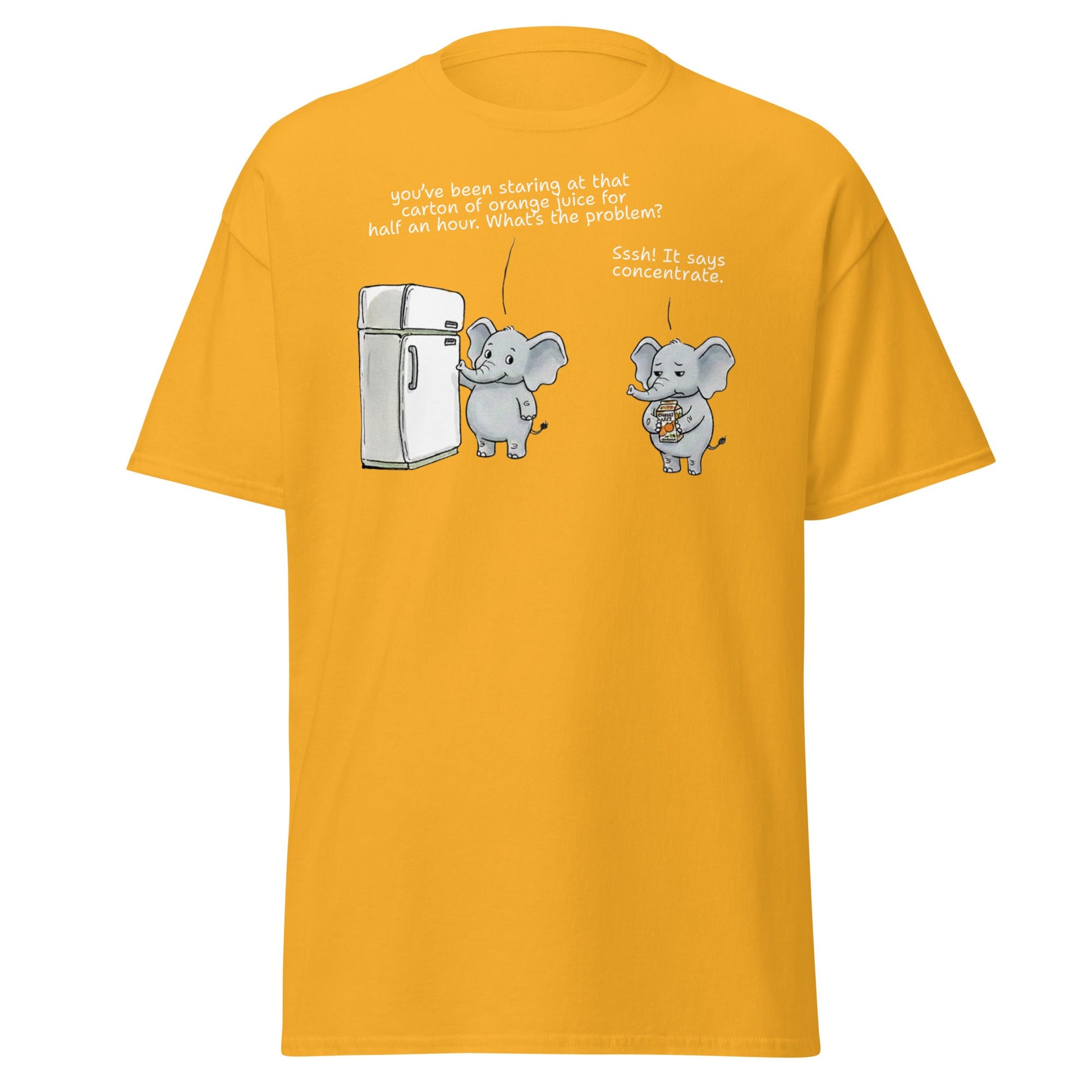 Elephant "Concentrate" Funny Juice Pun T-Shirt - Gold - T-Shirts Online