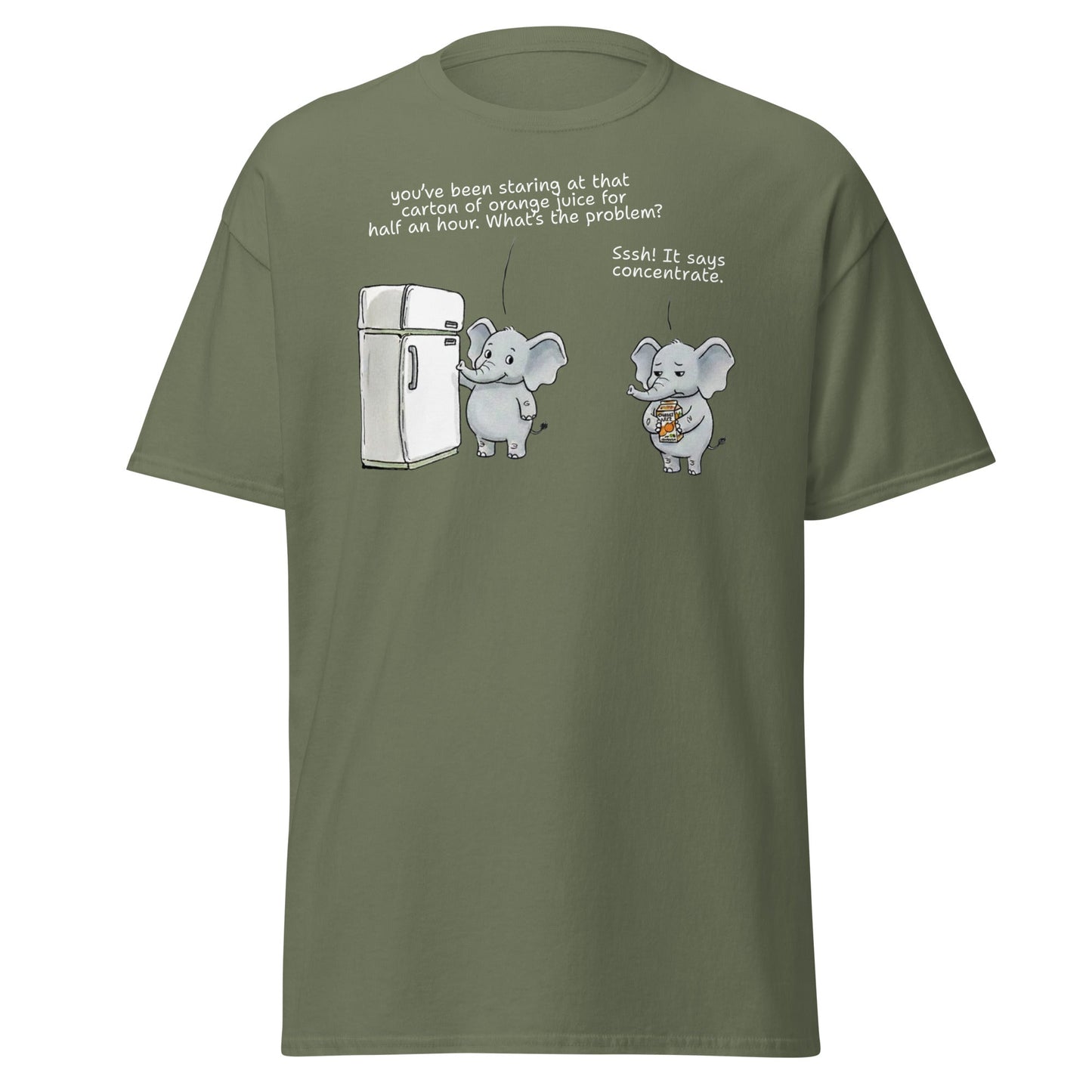 Elephant "Concentrate" Funny Juice Pun T-Shirt - Military Green - T-Shirts Online
