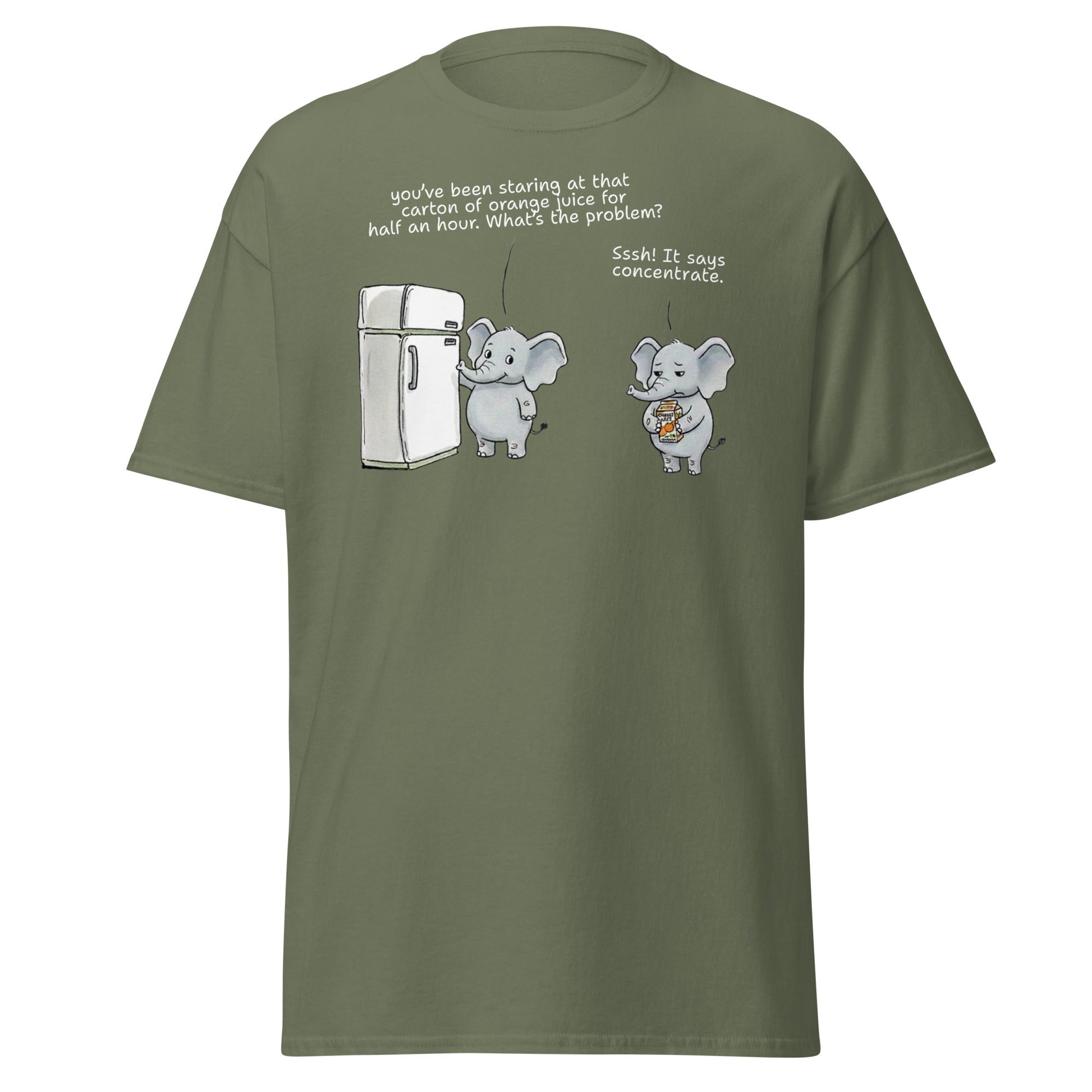 Elephant "Concentrate" Funny Juice Pun T-Shirt - Military Green - T-Shirts Online