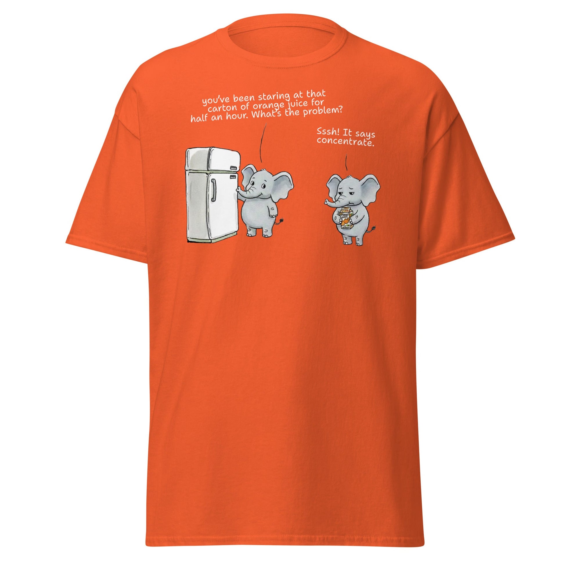 Elephant "Concentrate" Funny Juice Pun T-Shirt - Orange - T-Shirts Online