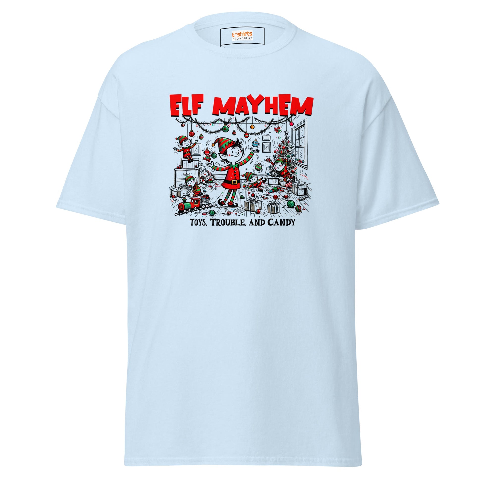 Elf Mayhem | Christmas Tee - Light Blue - T-Shirts Online