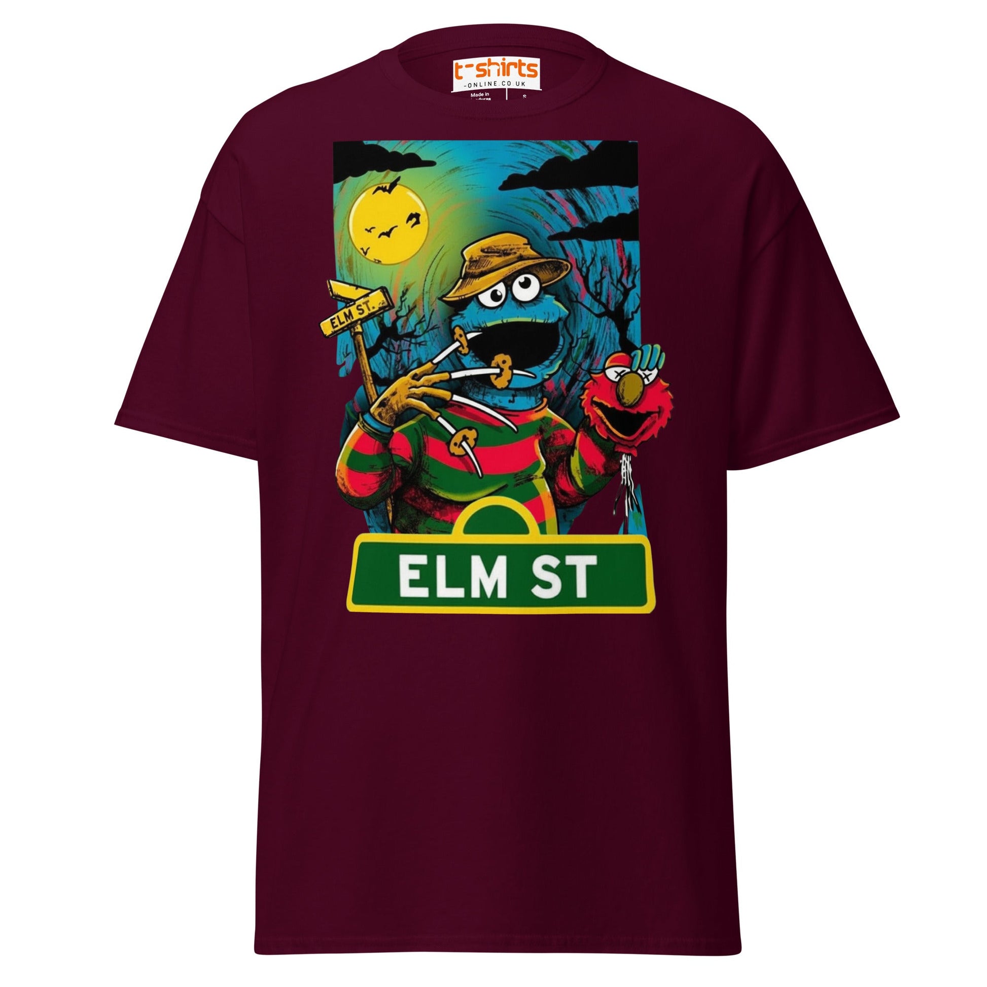 Elm Street Monster T-Shirt – Funny Horror Parody Tee - Maroon - T-Shirts Online