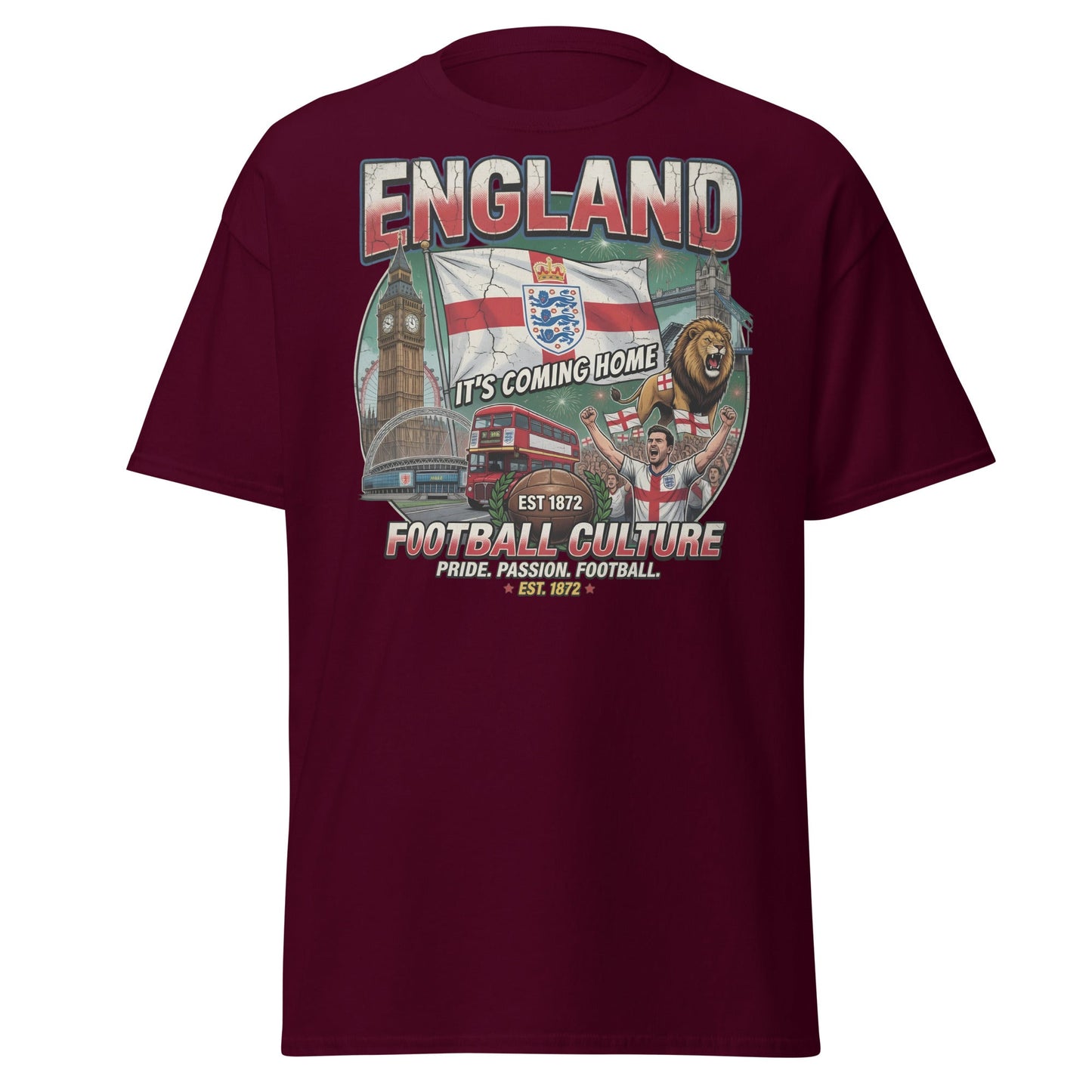 England It's Coming Home Football T-Shirt - Three Lions Pride - Maroon - T-Shirts Online